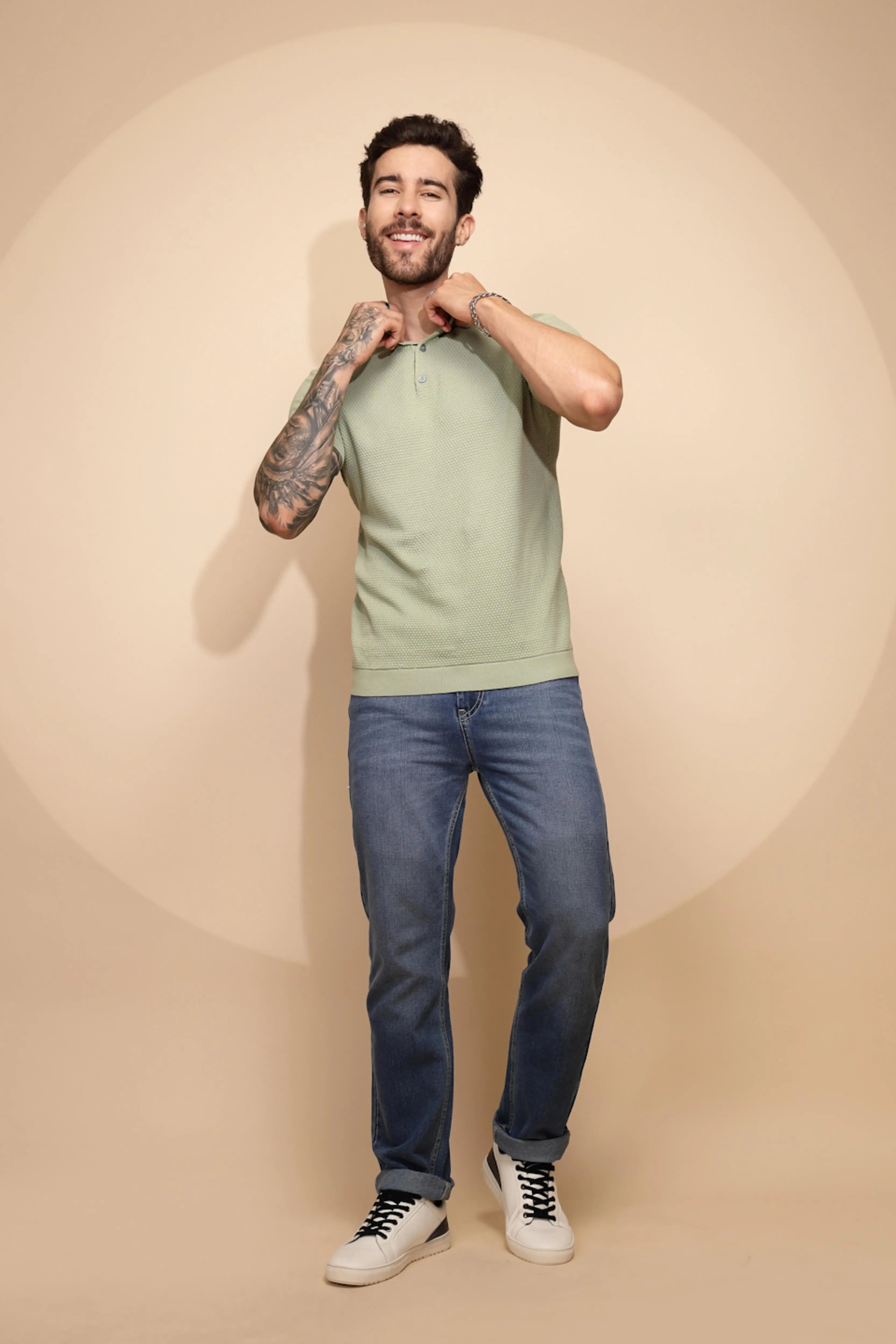 Sage Green Cotton Regular Fit T-Shirt For - Global Republic