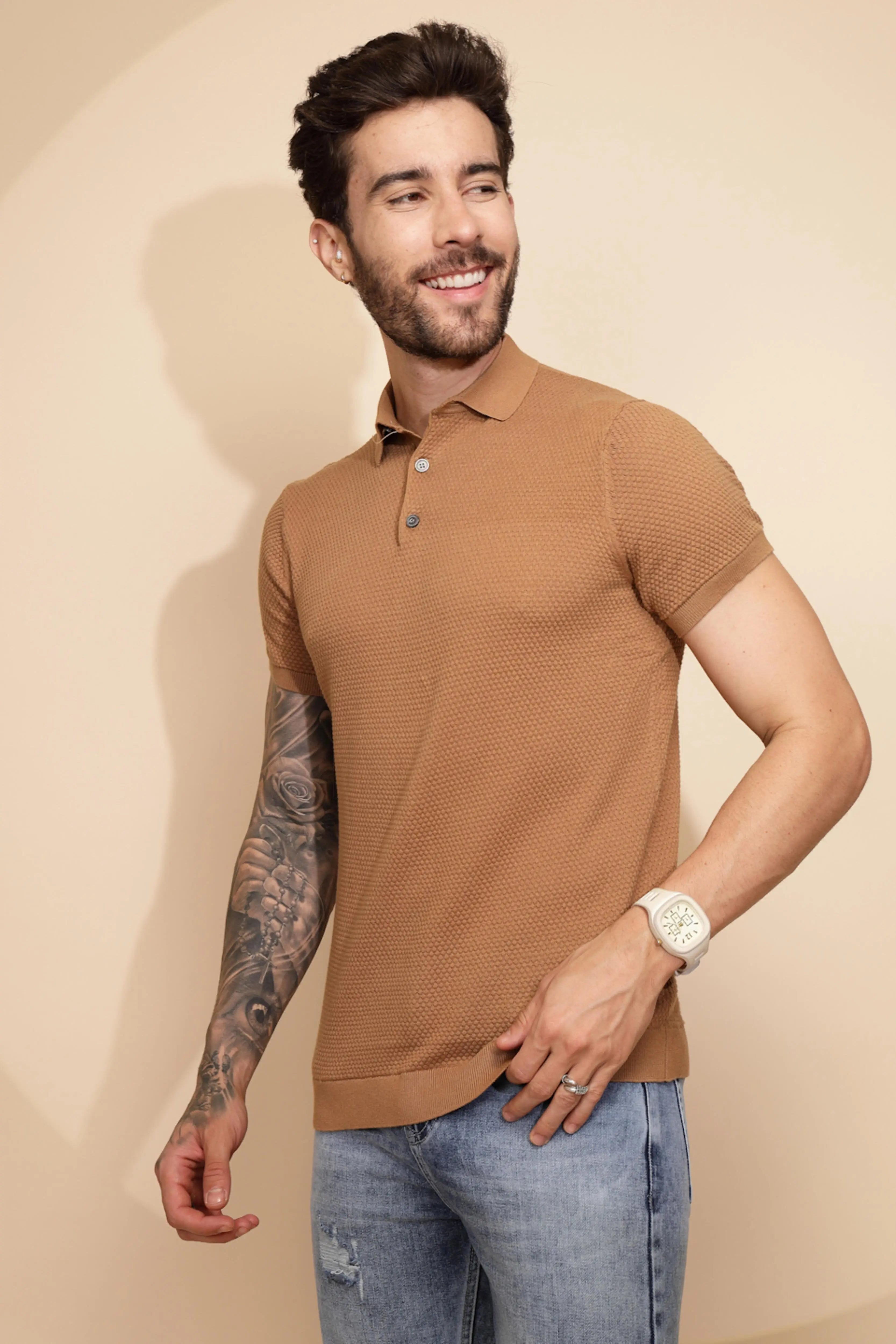 Brown Cotton Regular Fit T-Shirt For Men - Global Republic