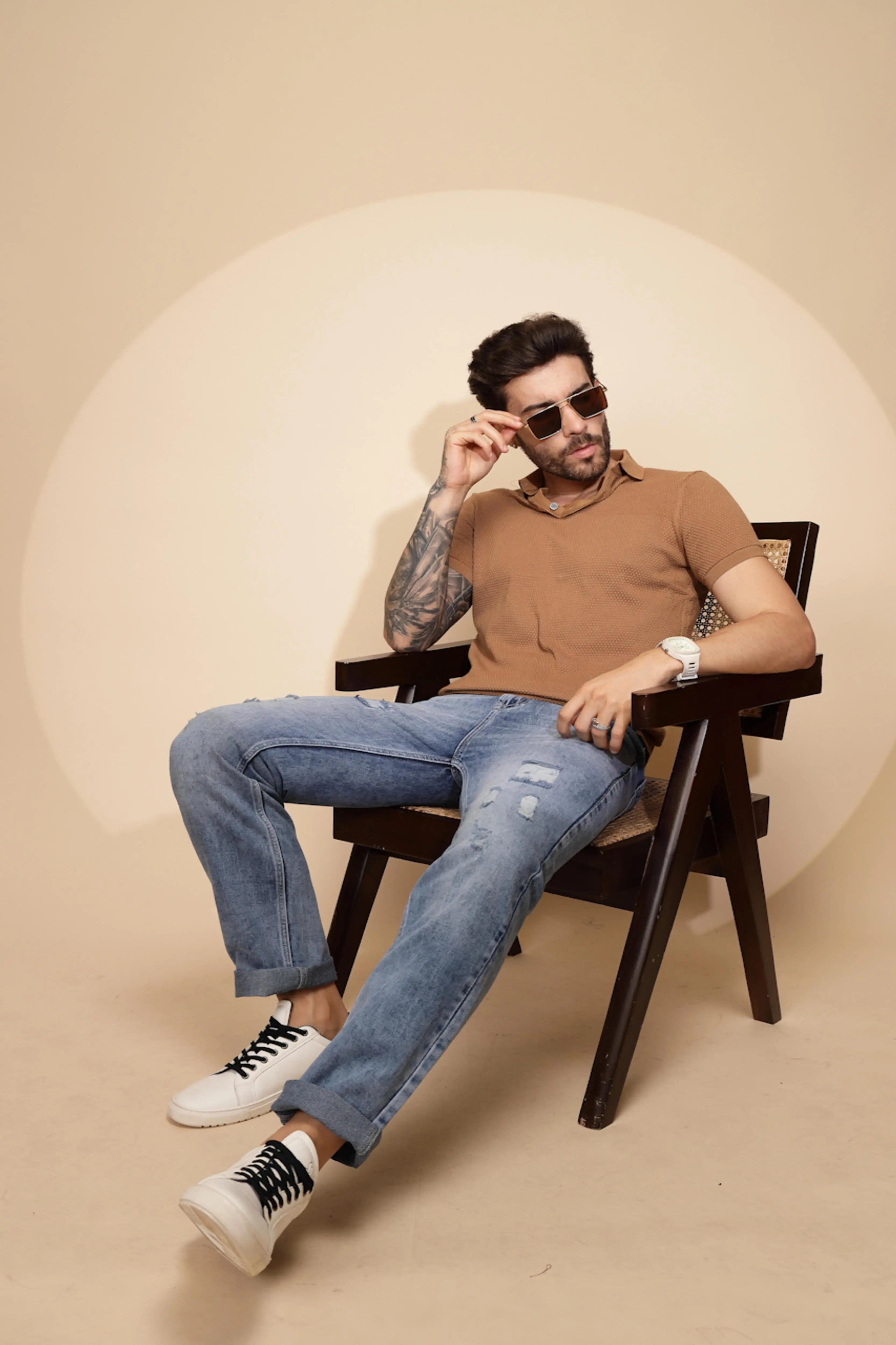 Brown Cotton Regular Fit T-Shirt For Men - Global Republic