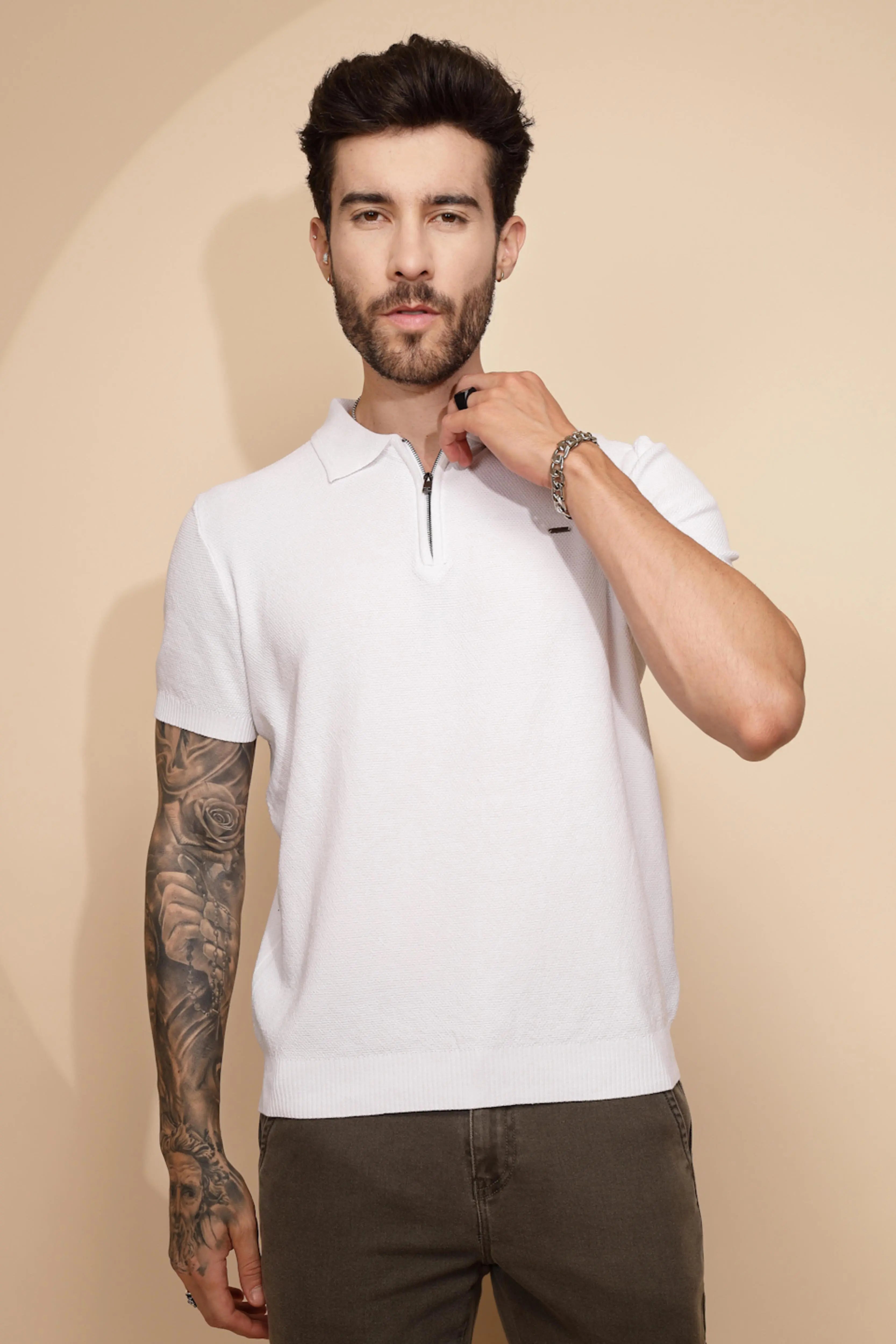 White Viscose Blend Regular Fit T-Shirt - Global Republic