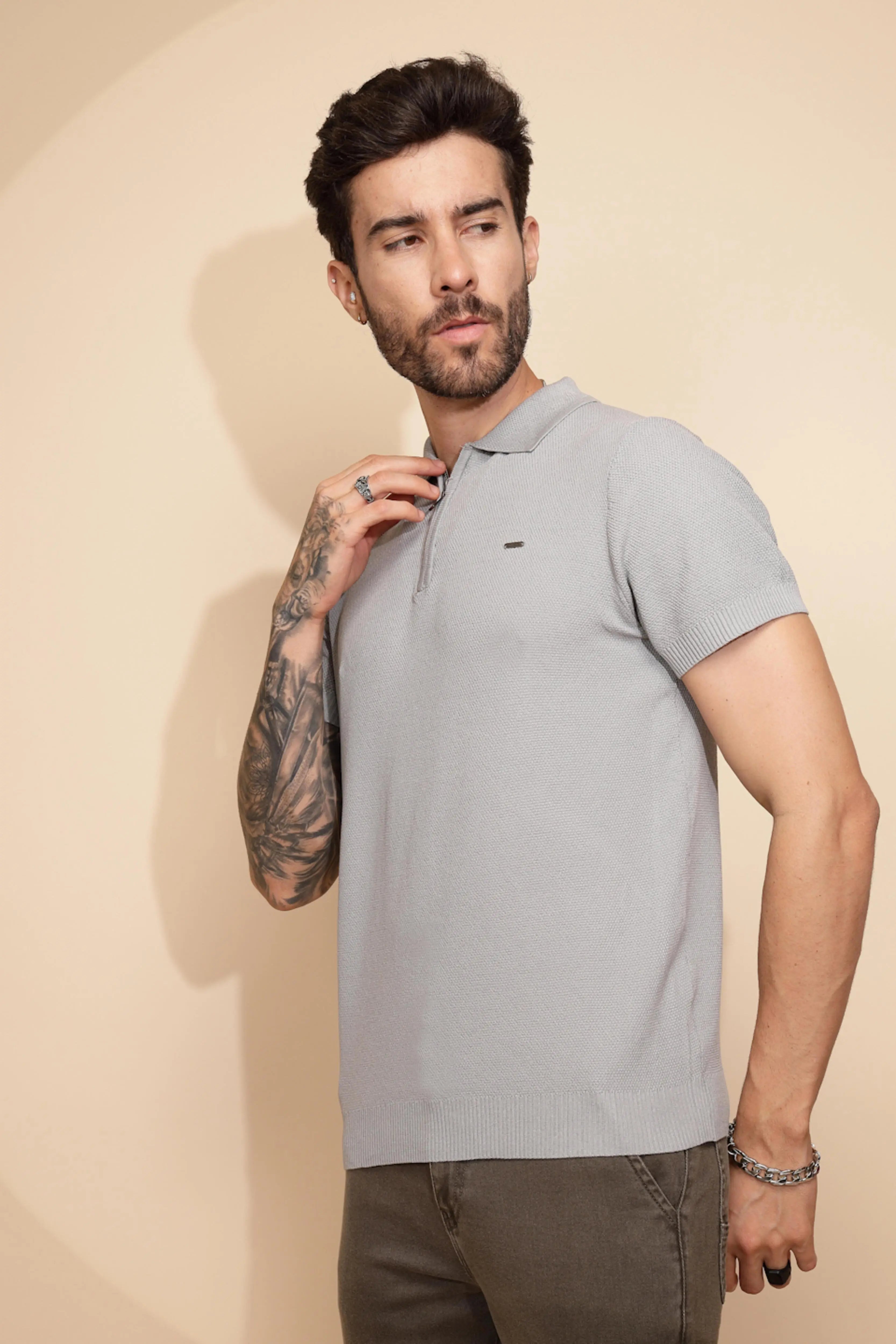 Grey Viscose Blend Regular Fit T-Shirt For Men - Global Republic