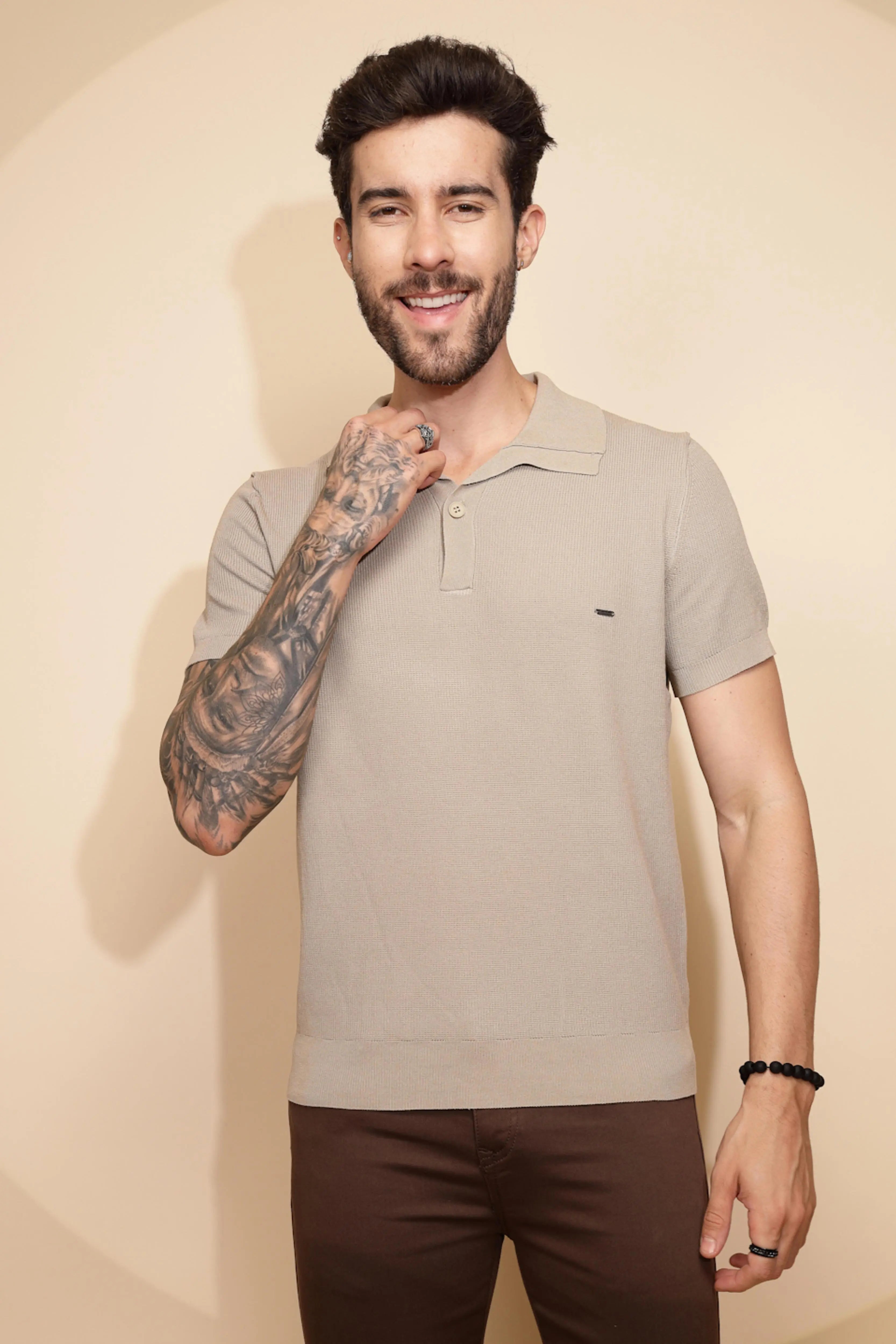 Beige Viscose Blend Regular Fit T-Shirt - Global Republic