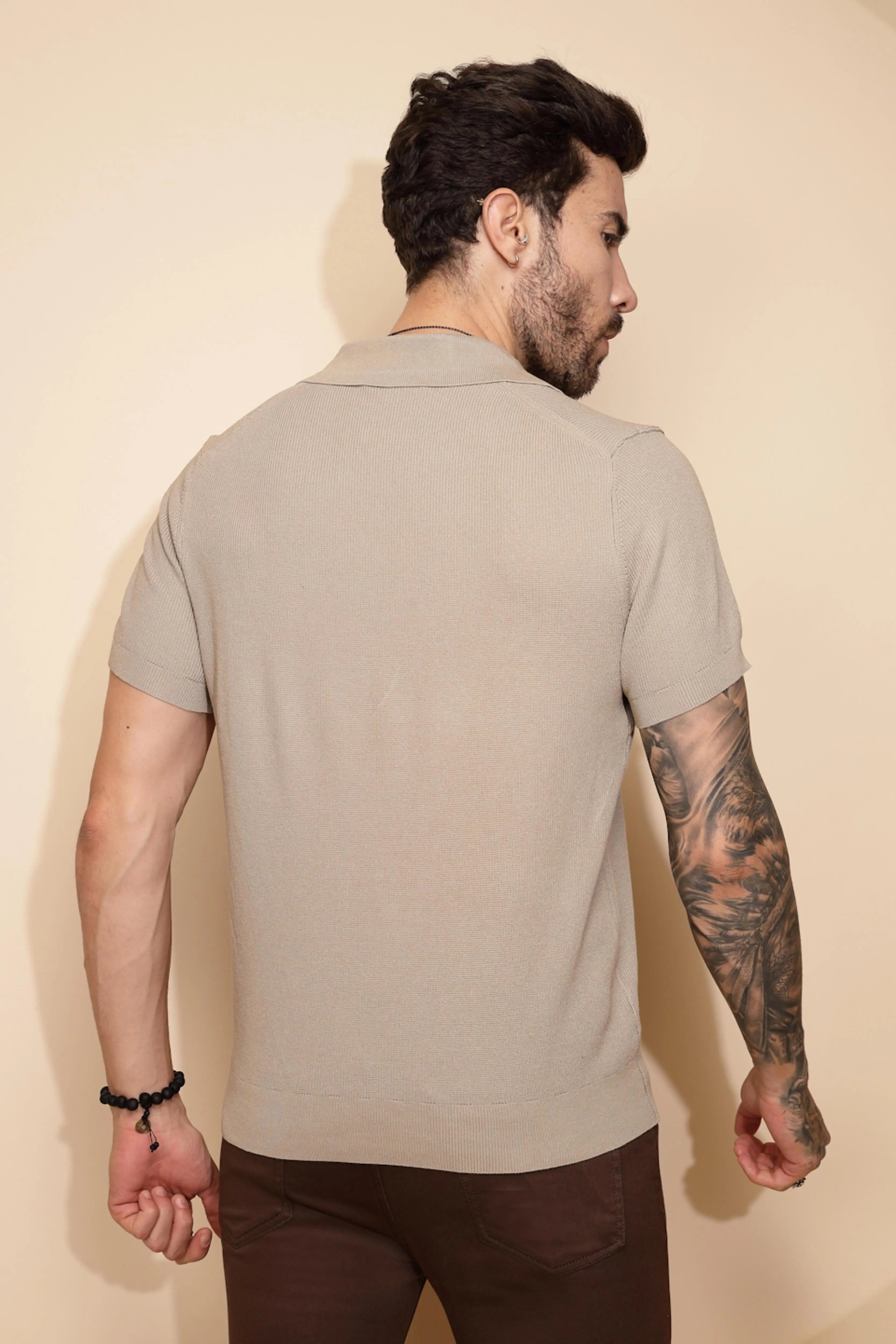Beige Viscose Blend Regular Fit T-Shirt - Global Republic