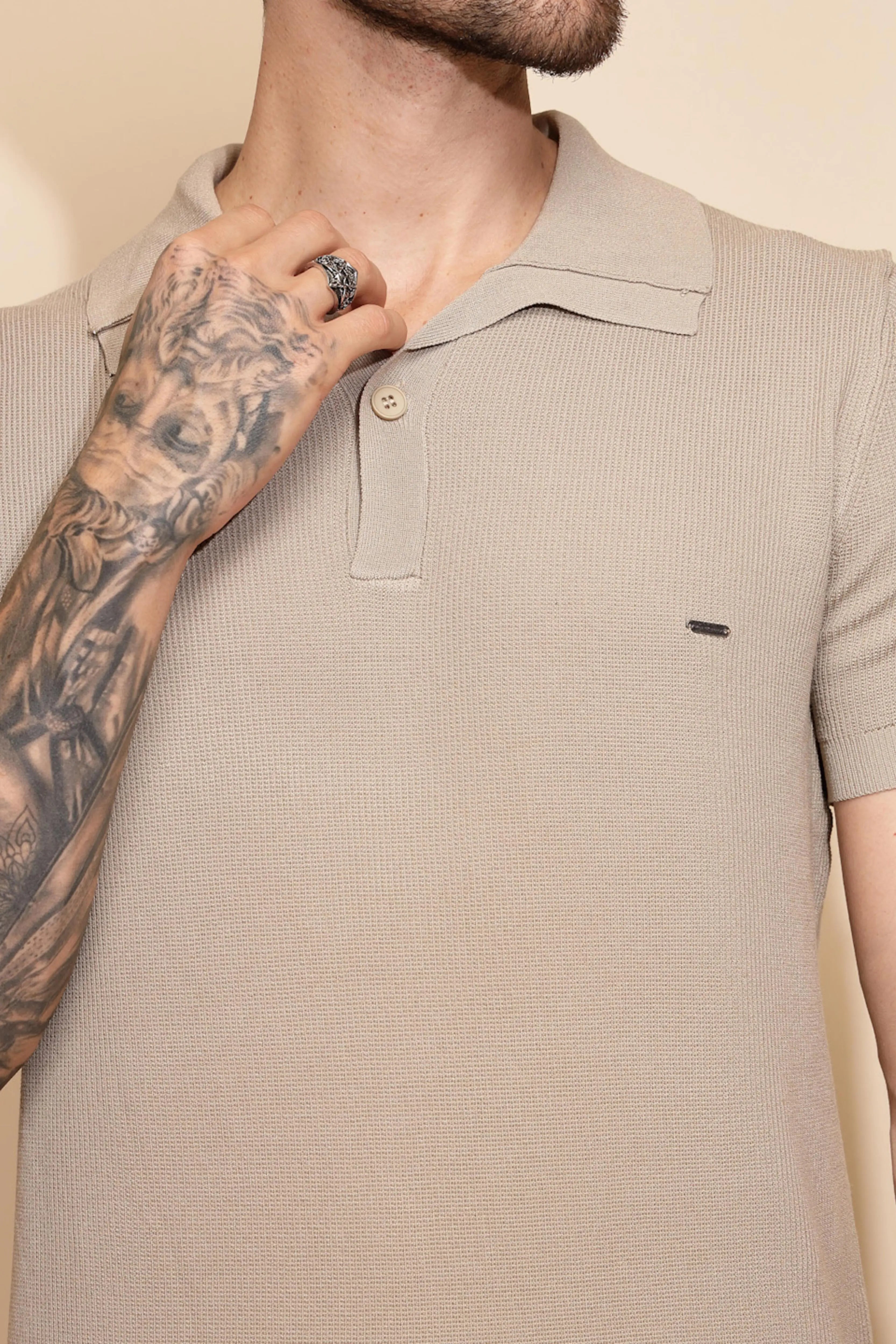 Beige Viscose Blend Regular Fit T-Shirt - Global Republic