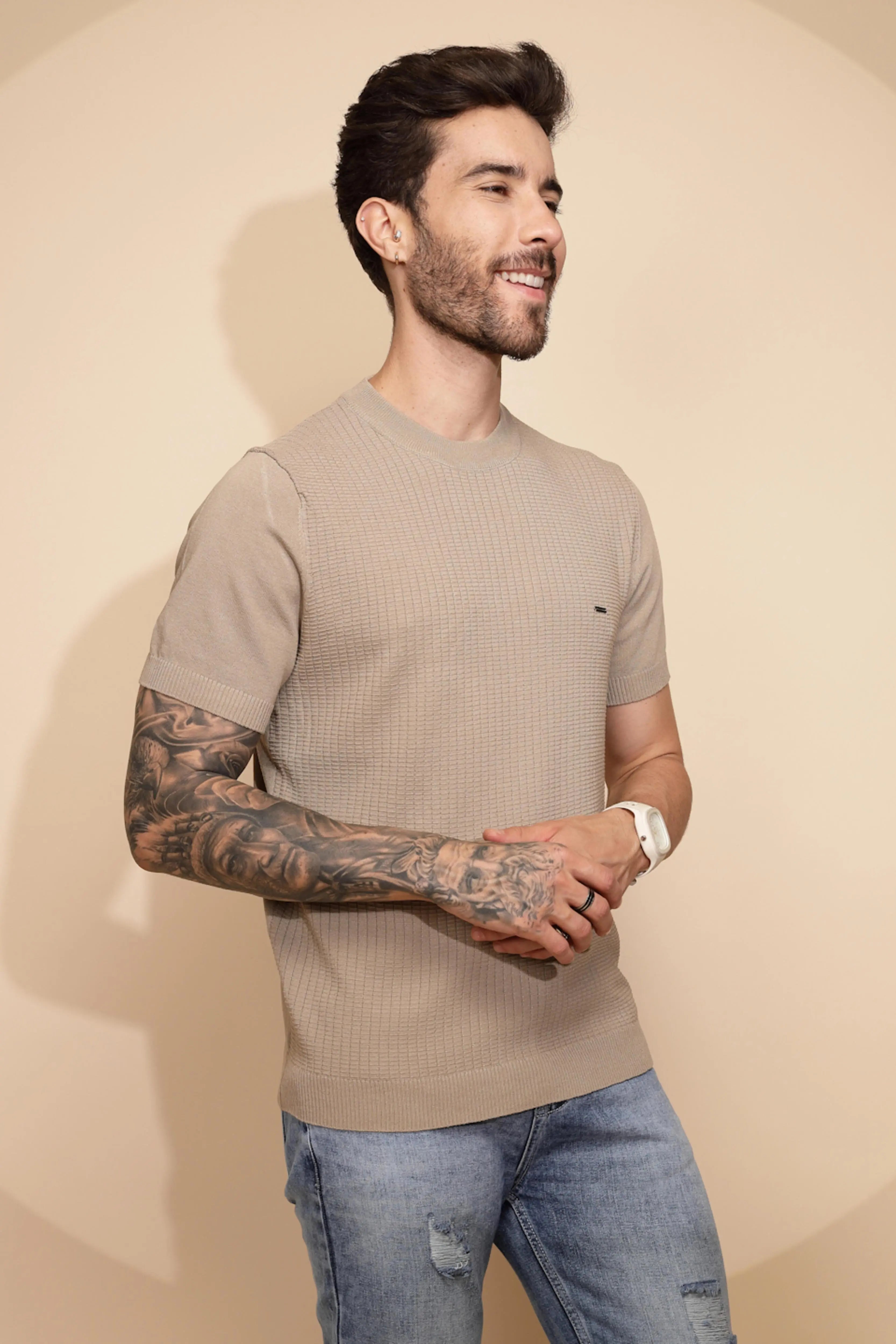 Beige Viscose Blend Regular Fit T-Shirt For Men - Global Republic