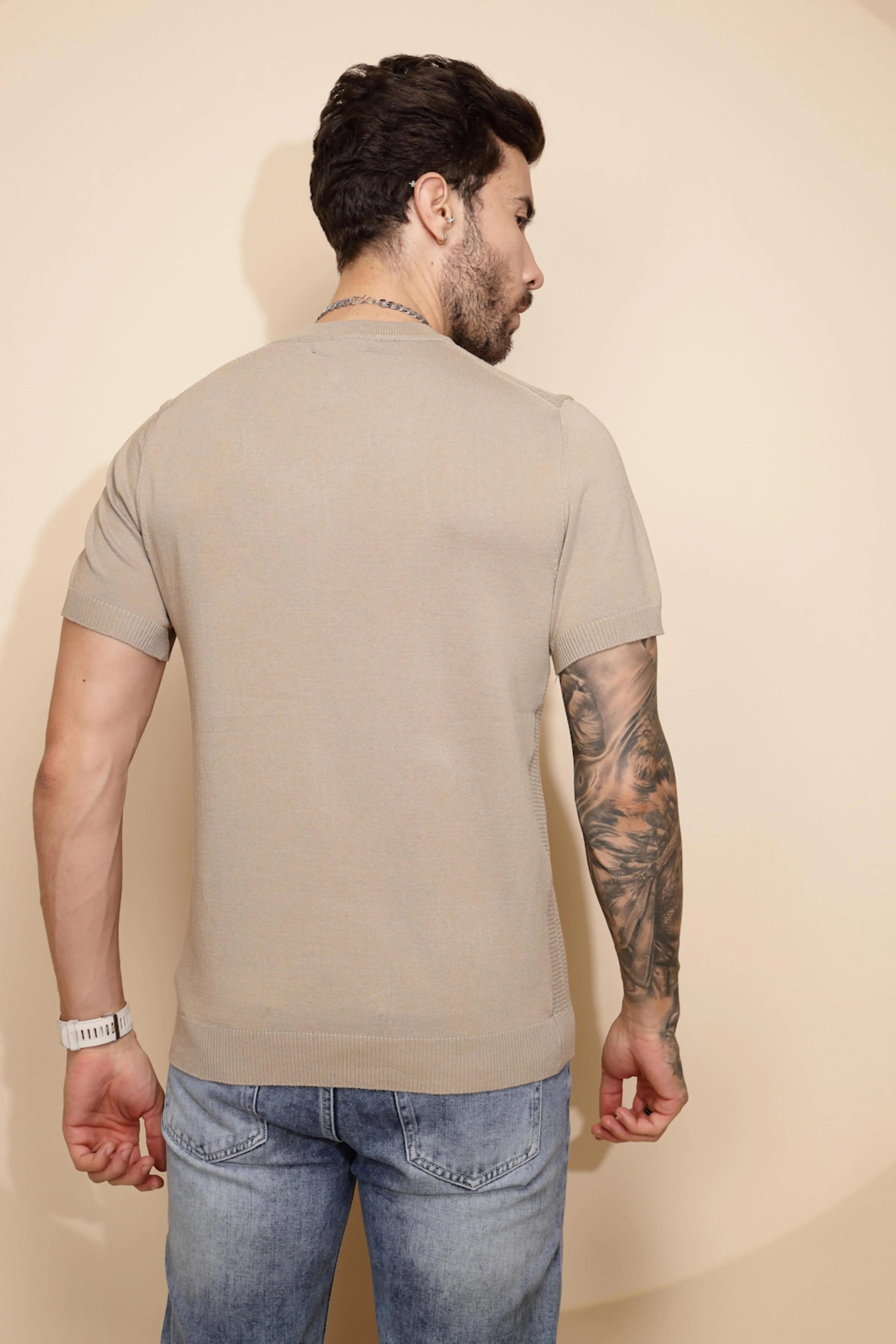 Beige Viscose Blend Regular Fit T-Shirt For Men - Global Republic