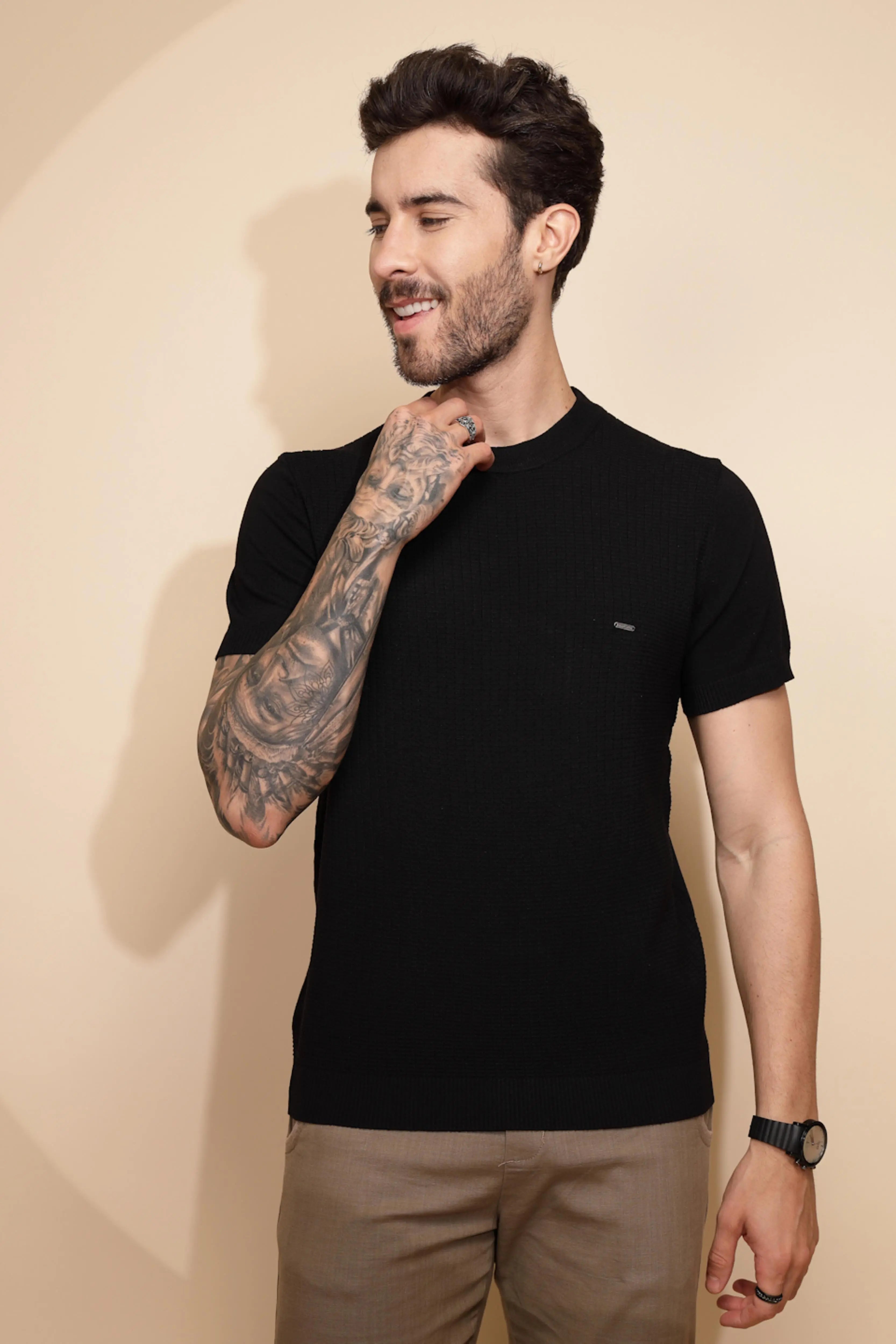 Black Viscose Blend Regular Fit T-Shirt - Global Republic