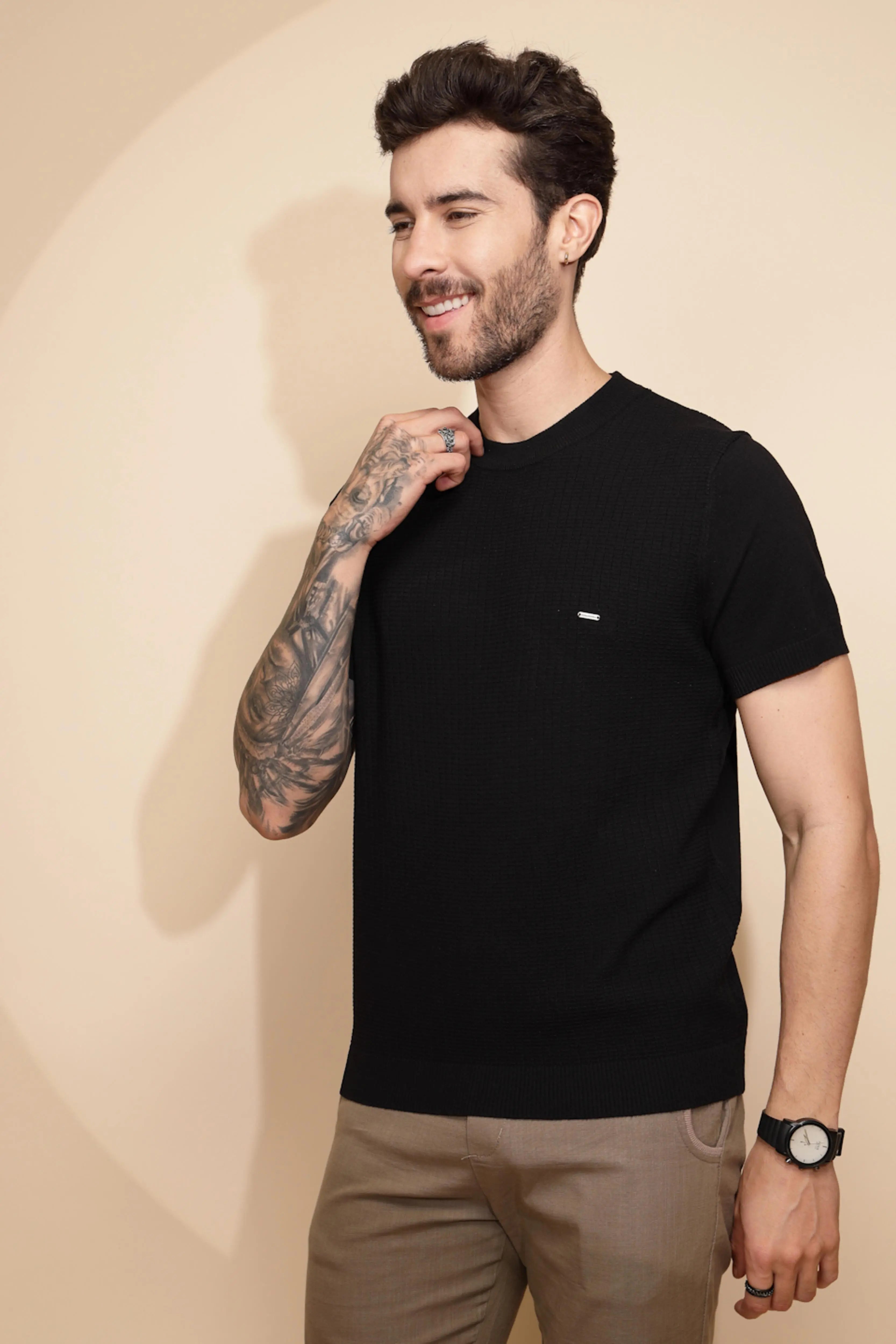 Black Viscose Blend Regular Fit T-Shirt - Global Republic