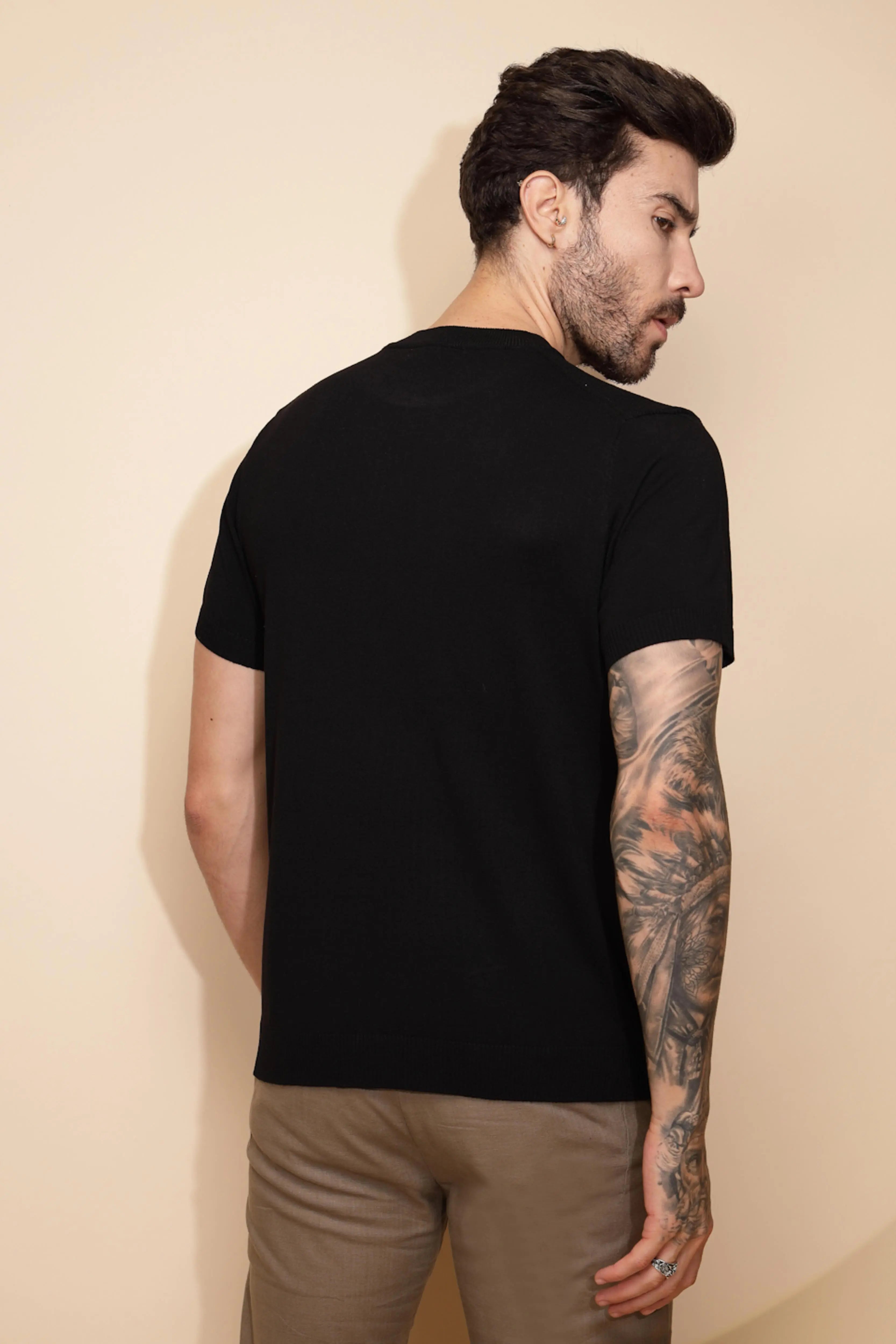 Black Viscose Blend Regular Fit T-Shirt - Global Republic