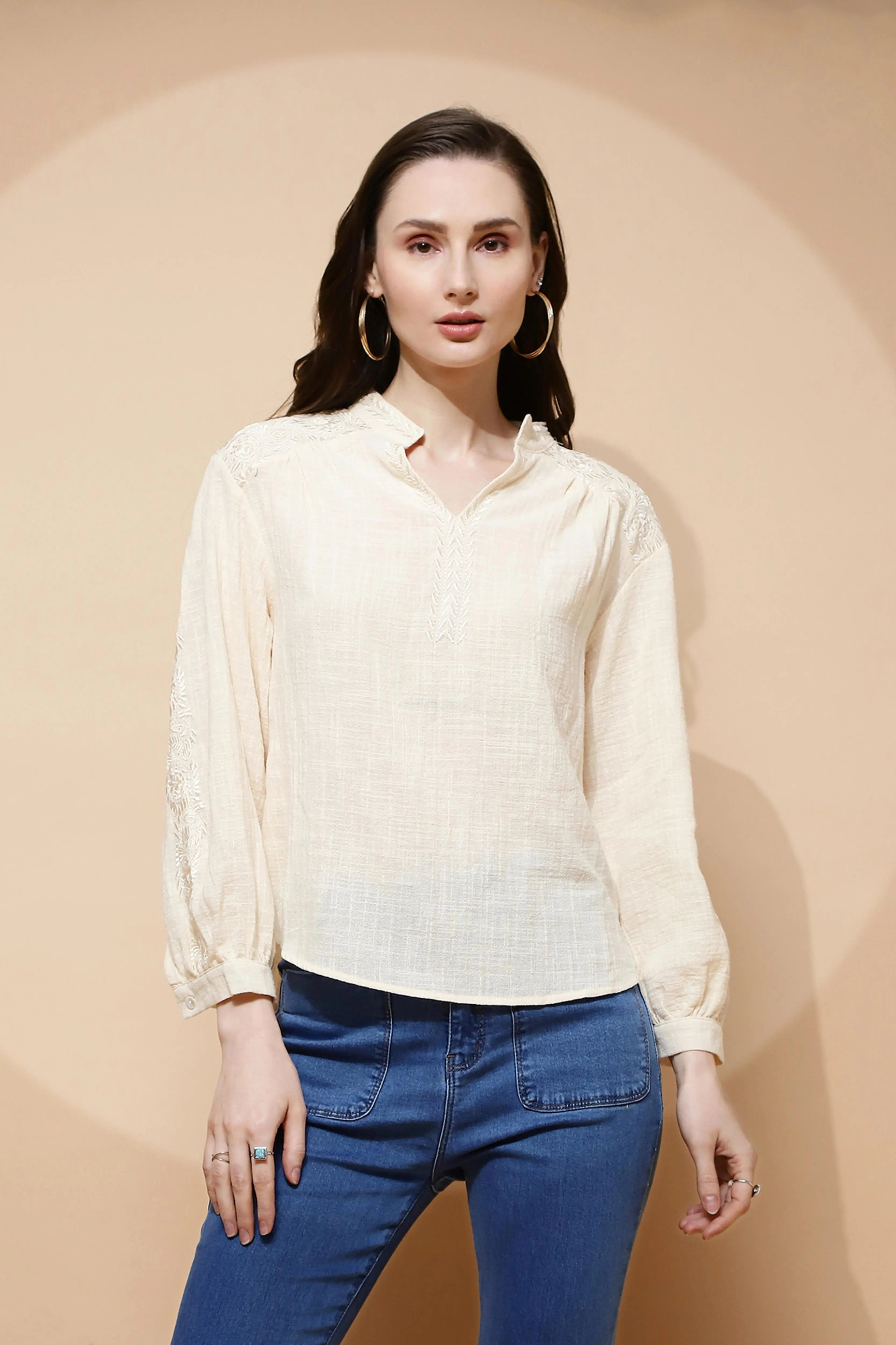 Natural Embroidered cotton Top - Global Republic