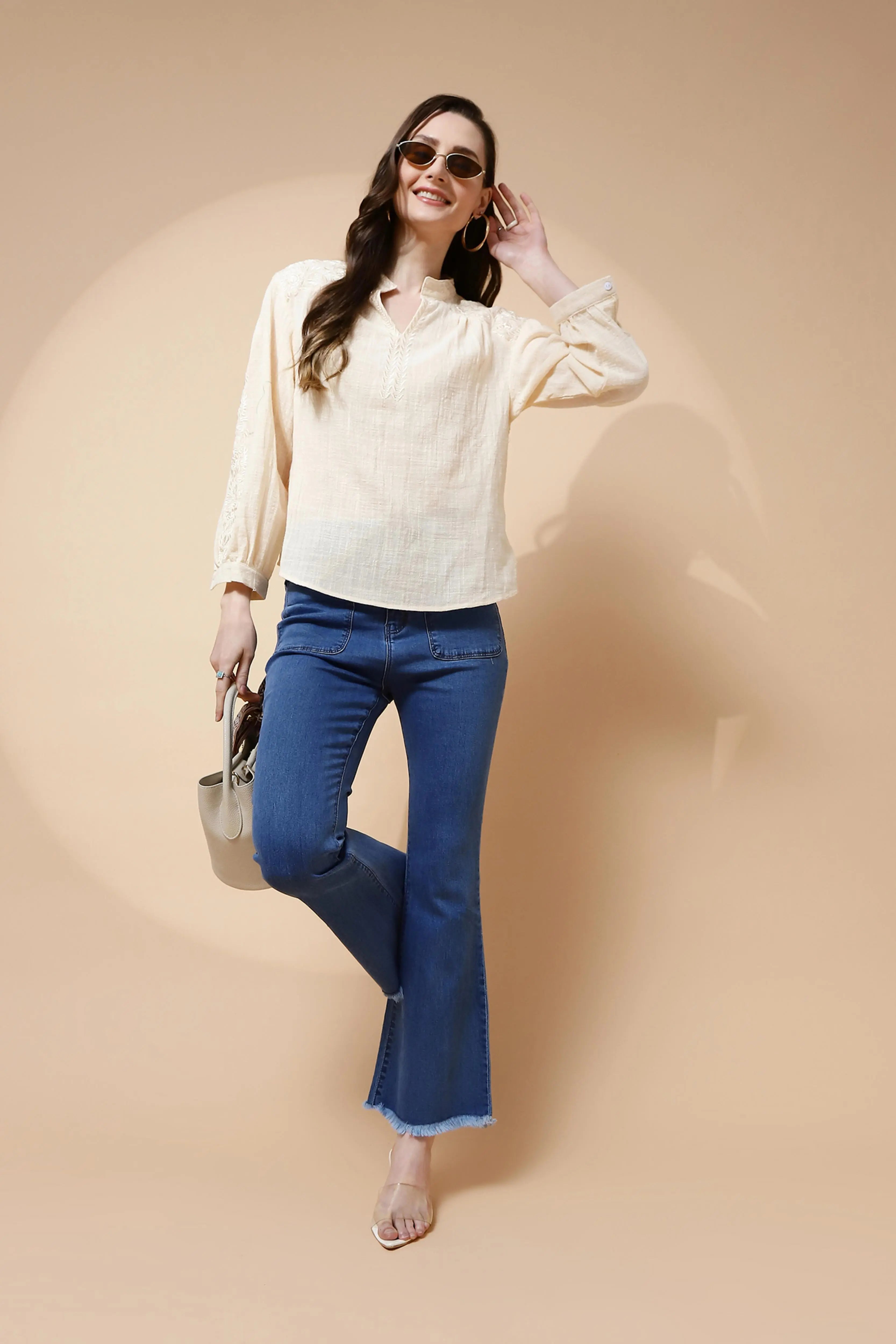 Natural Embroidered cotton Top - Global Republic