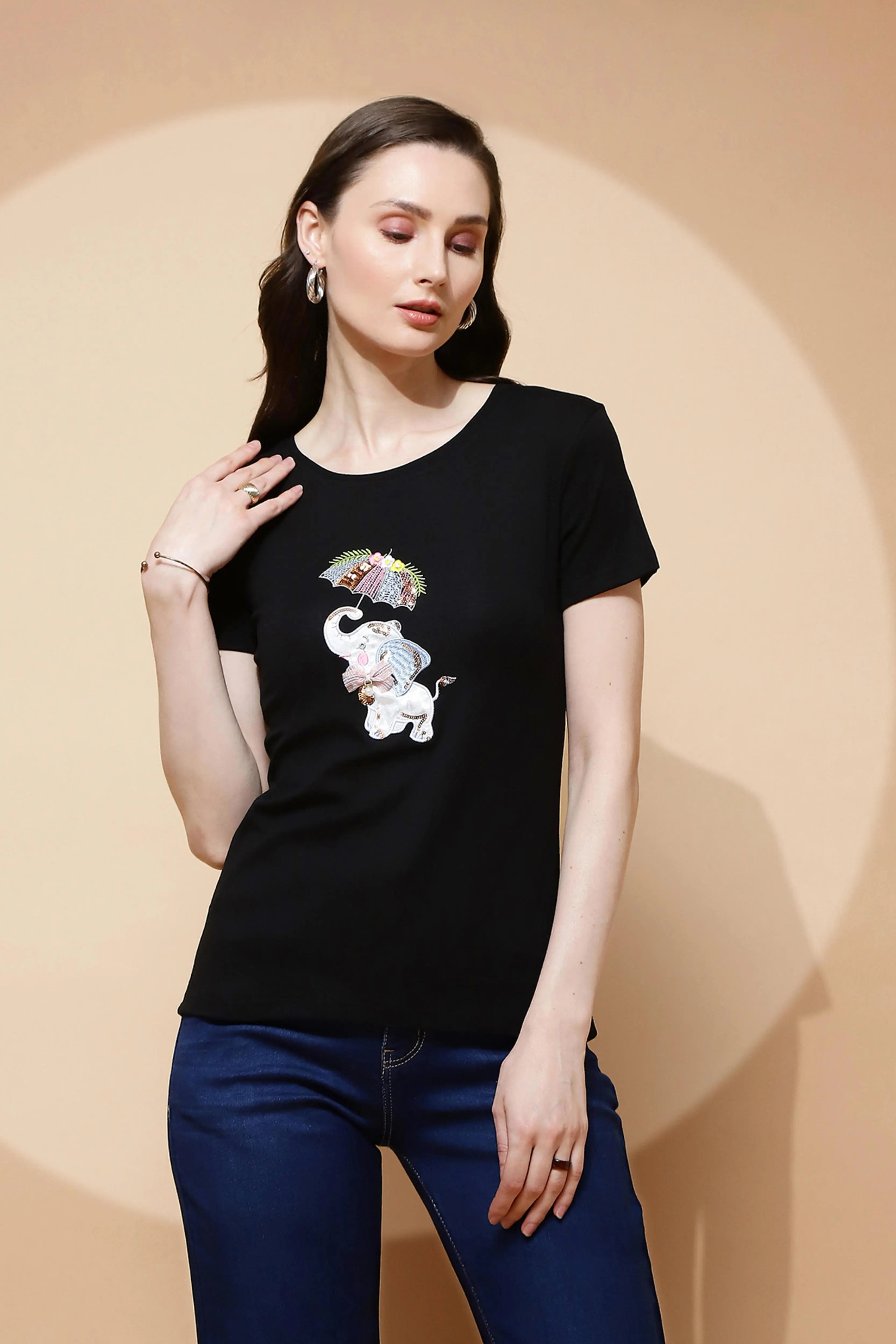 Black Cotton Blend Regular Fit Top - Global Republic