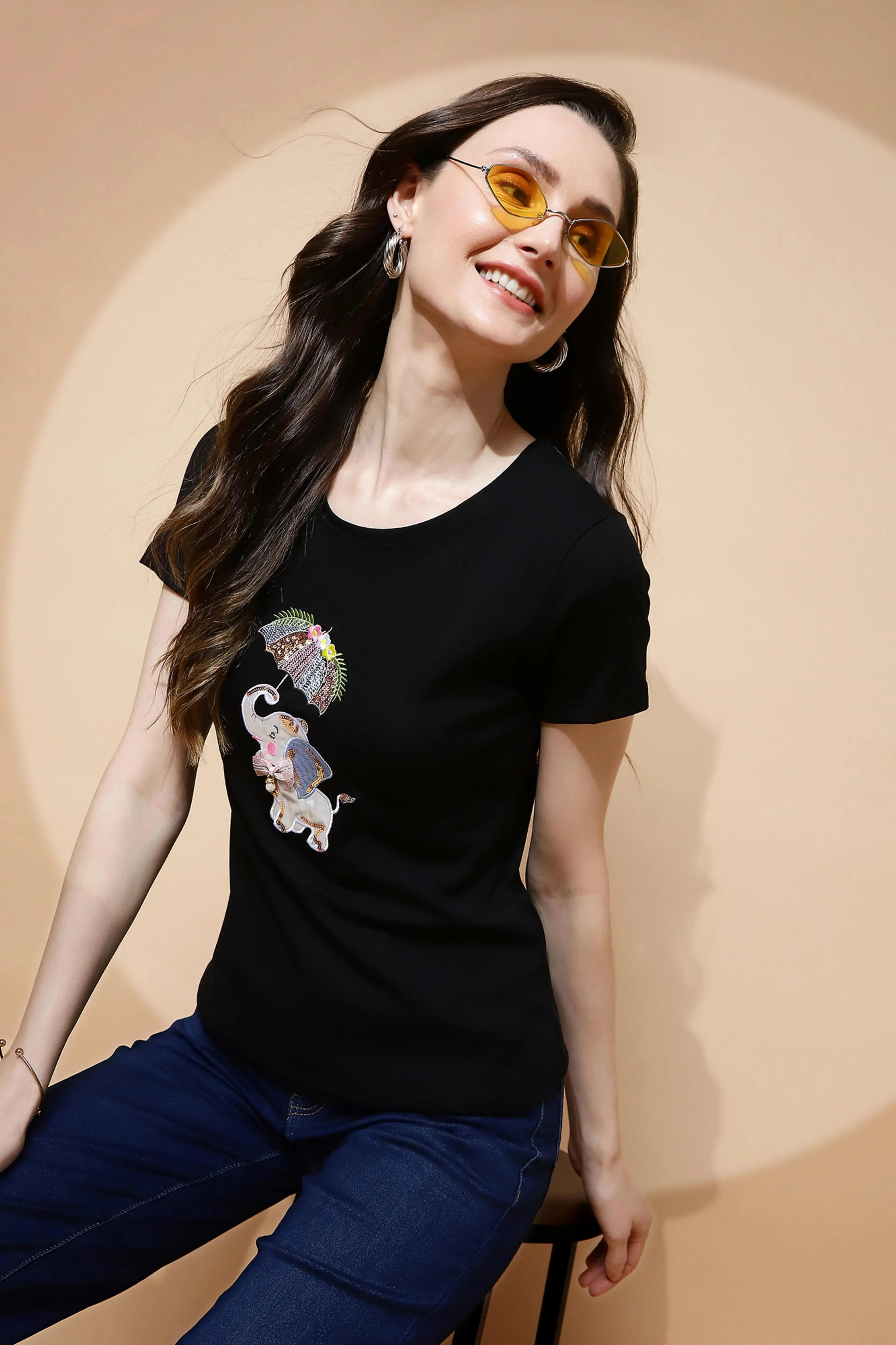 Black Cotton Blend Regular Fit Top - Global Republic