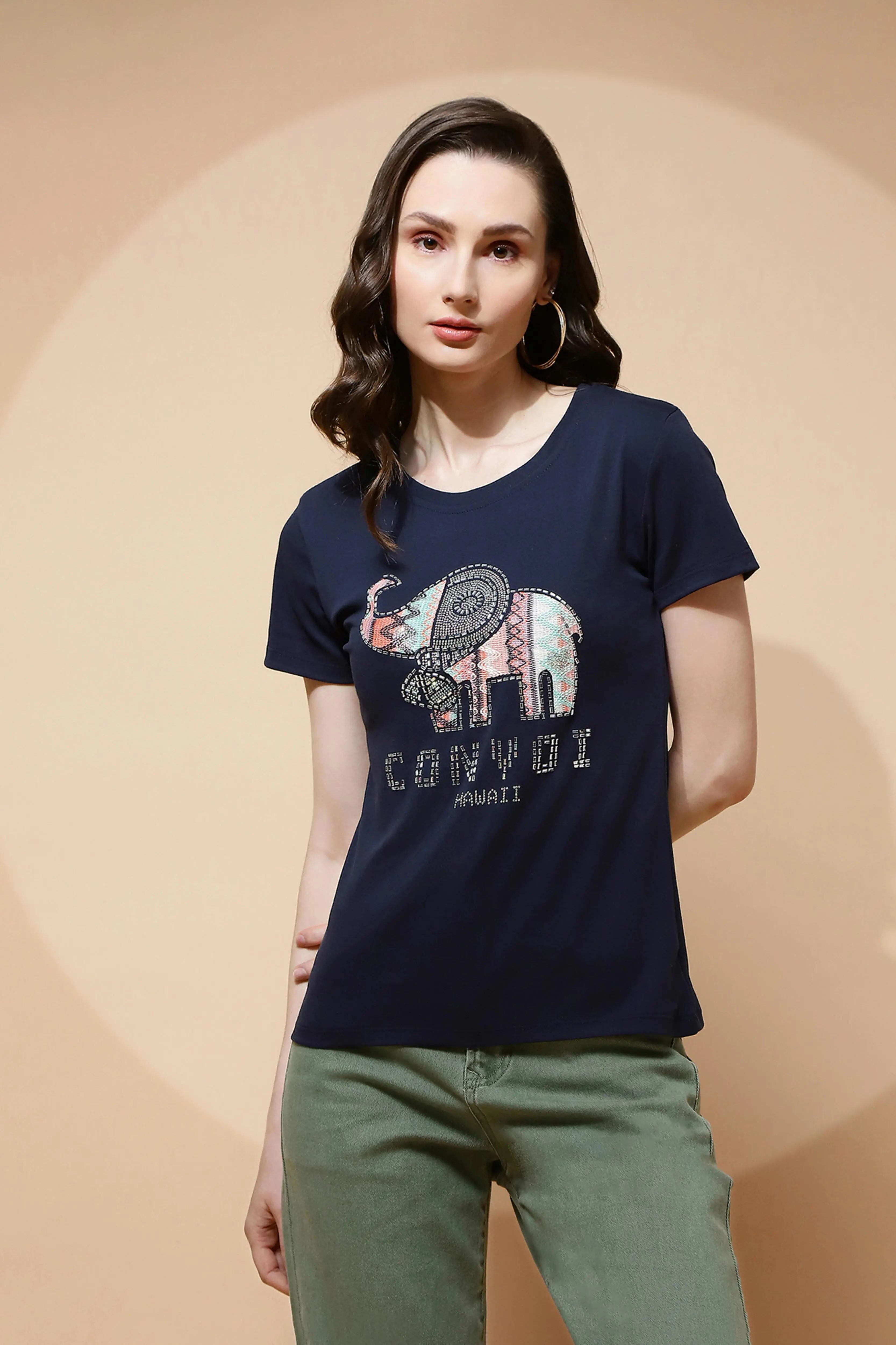 Navy Blue Cotton Blend Graphic Top - Global Republic