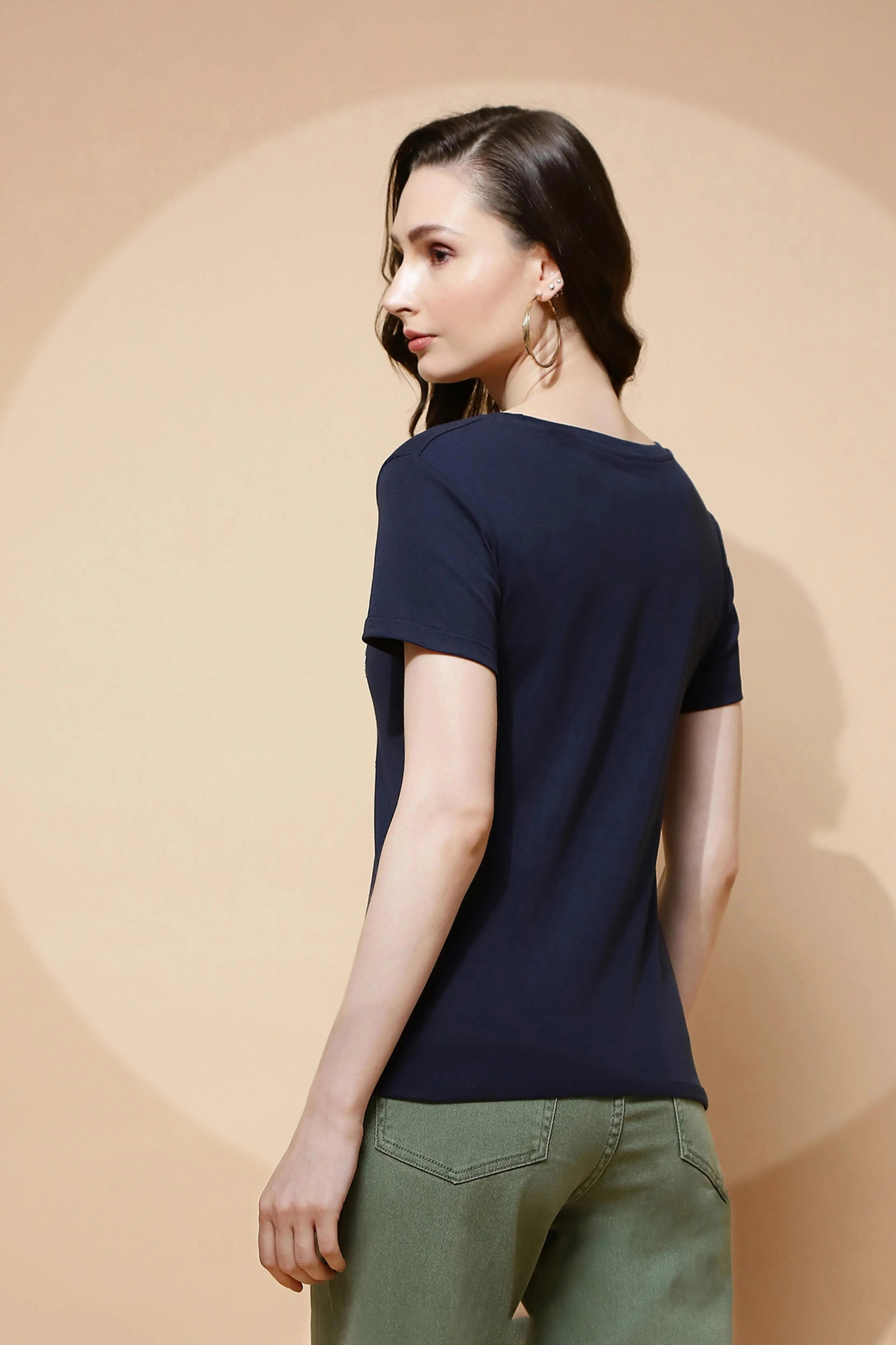 Navy Blue Cotton Blend Graphic Top - Global Republic