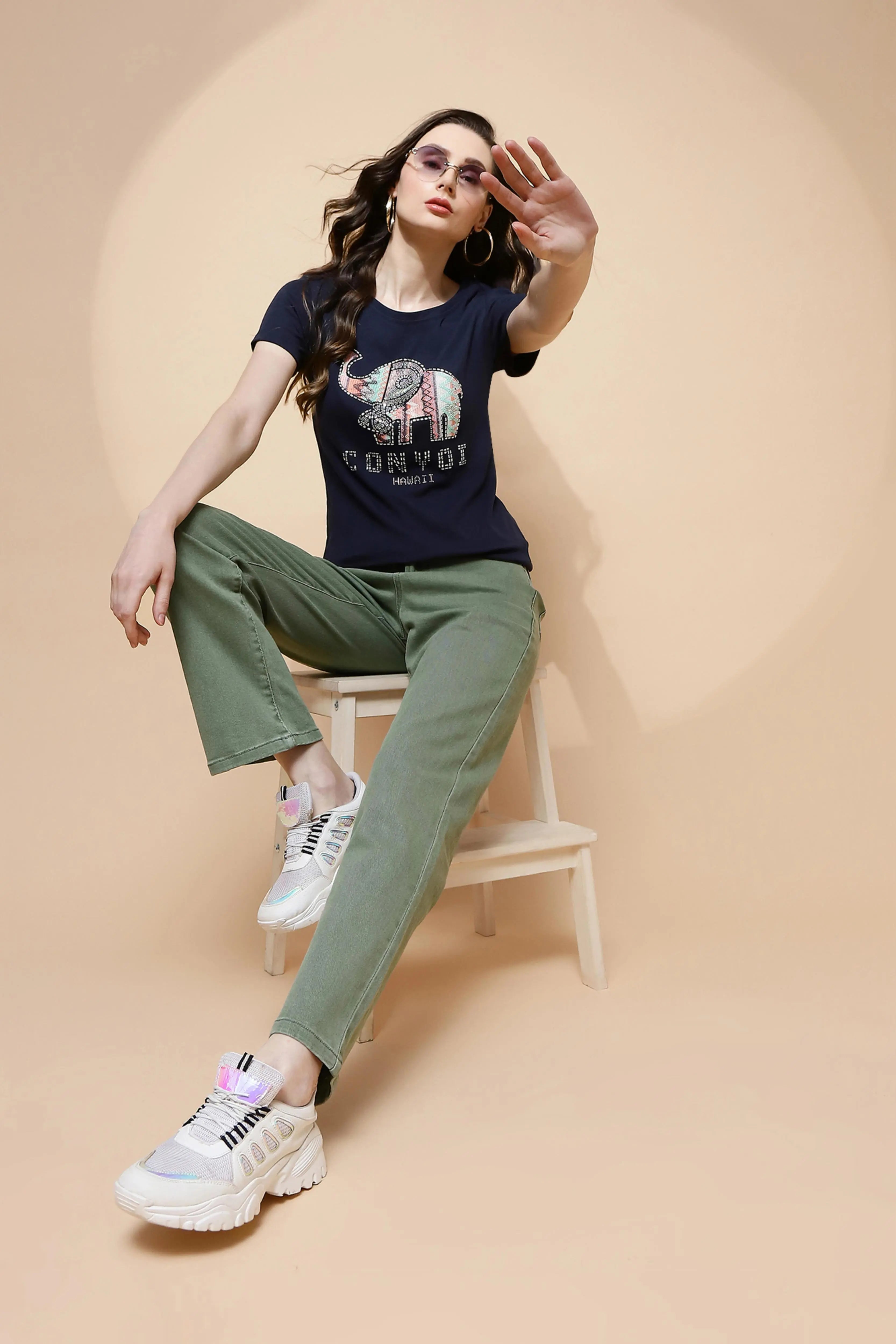 Navy Blue Cotton Blend Graphic Top - Global Republic