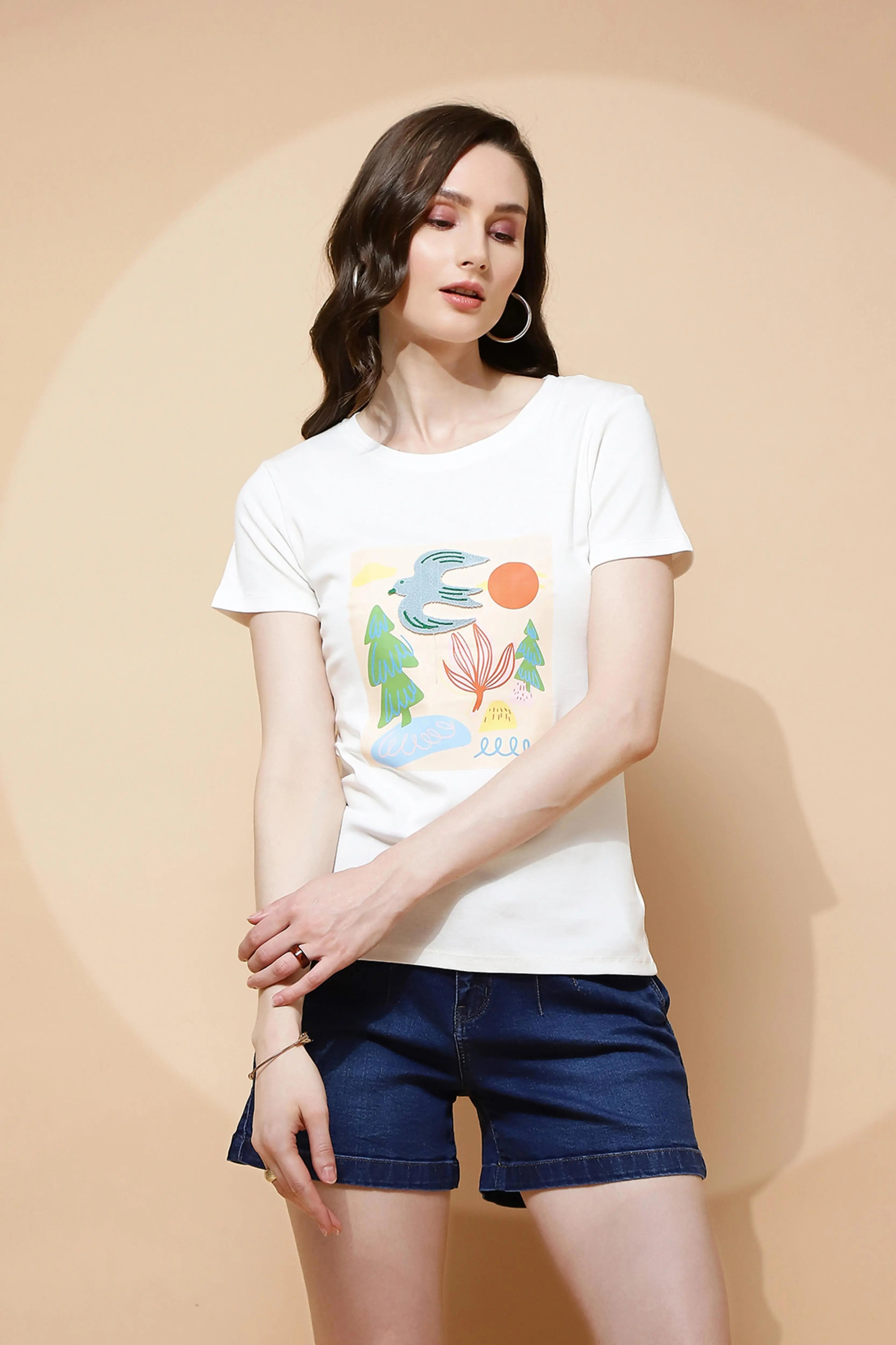 White Cotton Blend Graphic Top - Global Republic