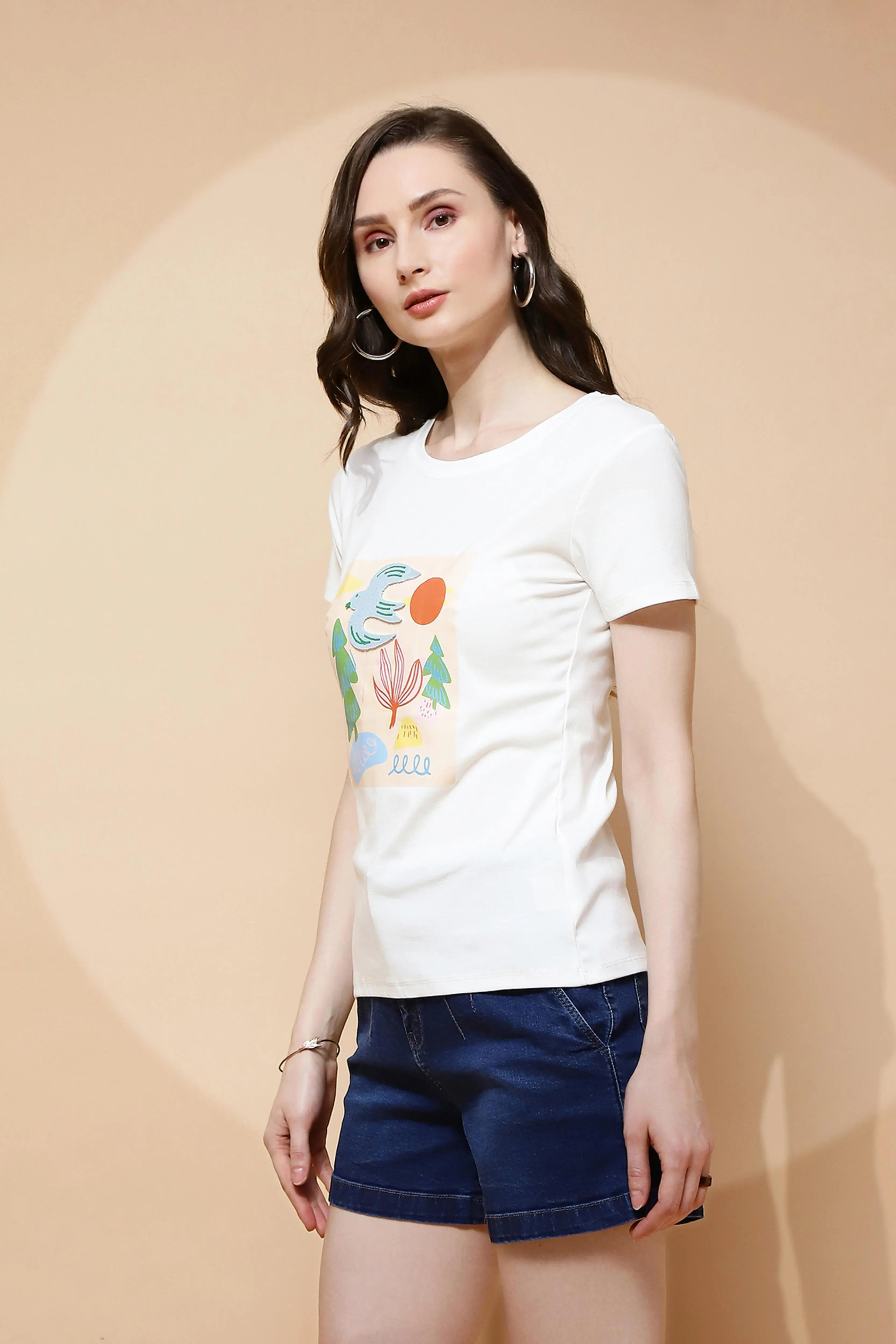 White Cotton Blend Graphic Top - Global Republic