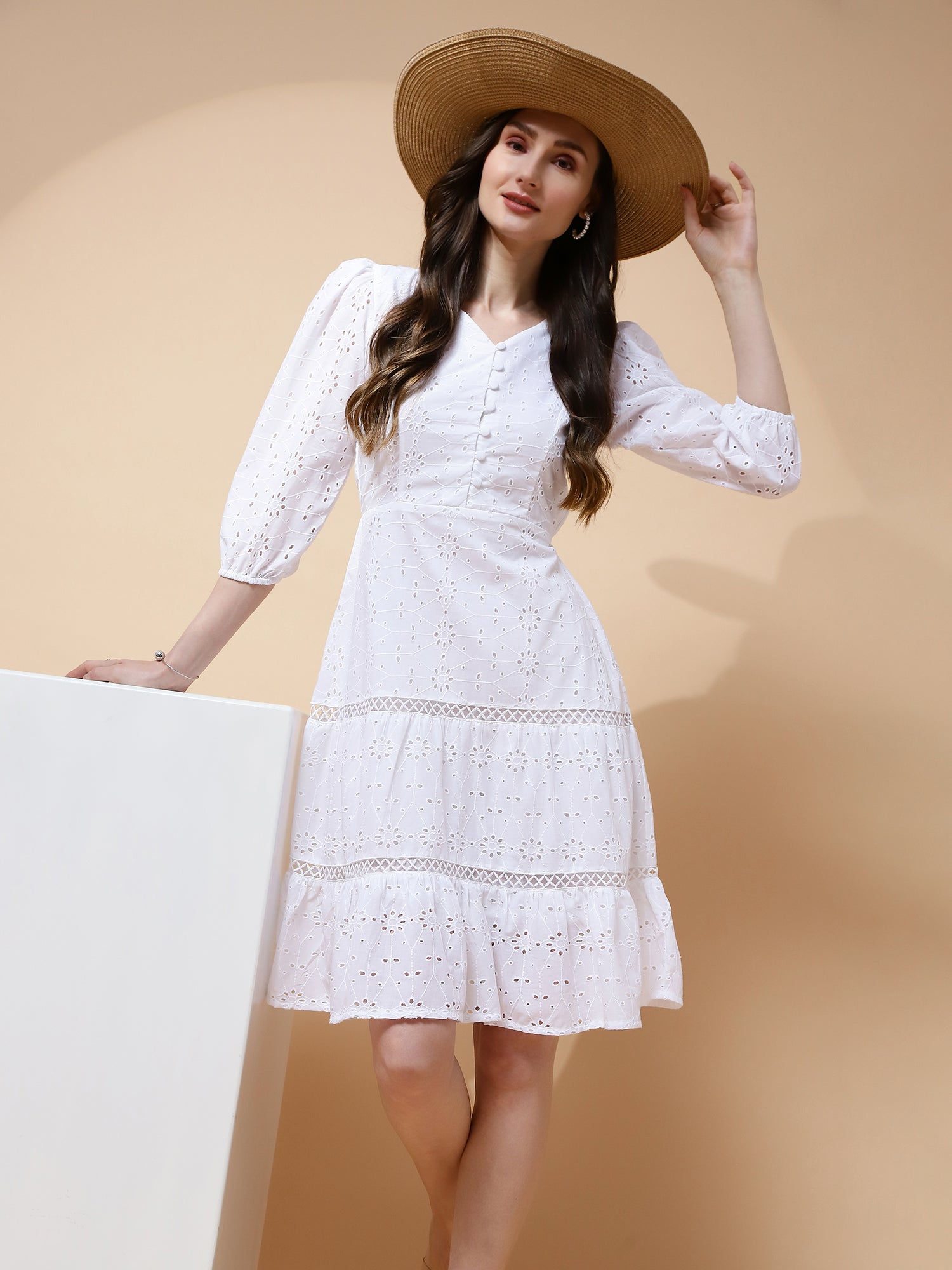White Cotton Schiffli Flared Dress For Women - Global Republic