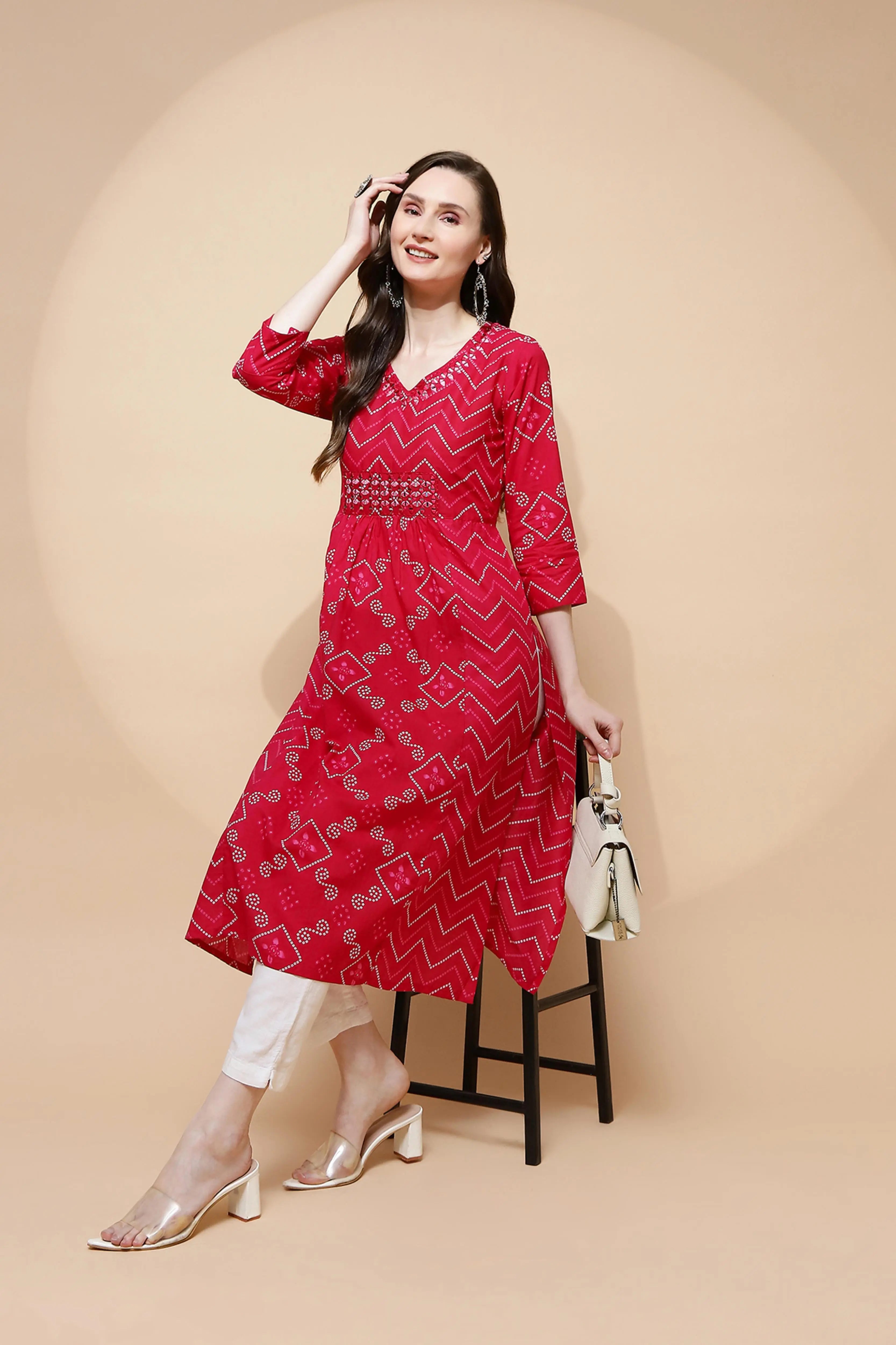 Fuchsia Cotton Blend A-Line Kurta - Global Republic