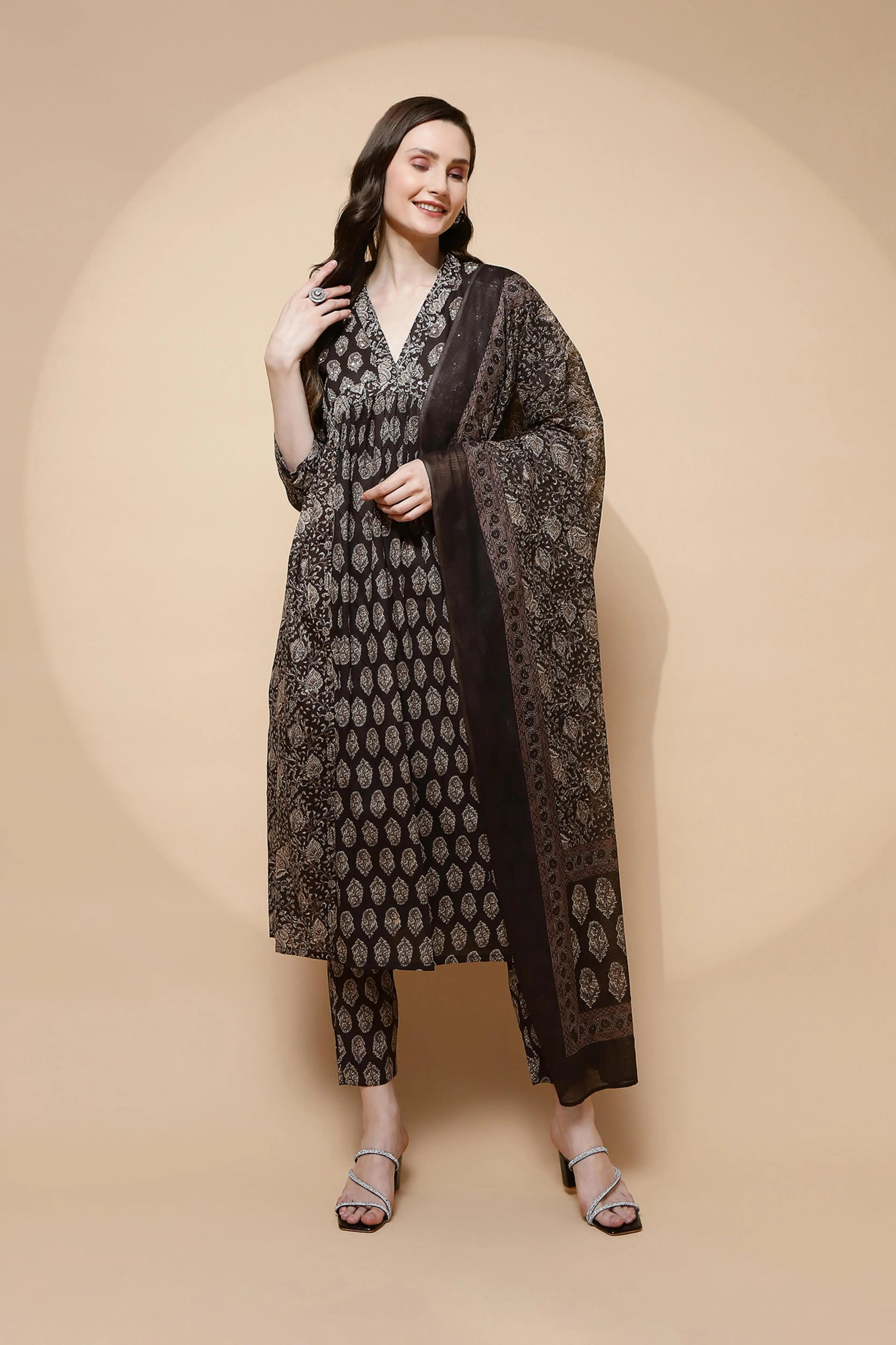 Coffee Cotton Blend Loose Fit Suit Set For Women - Global Republic