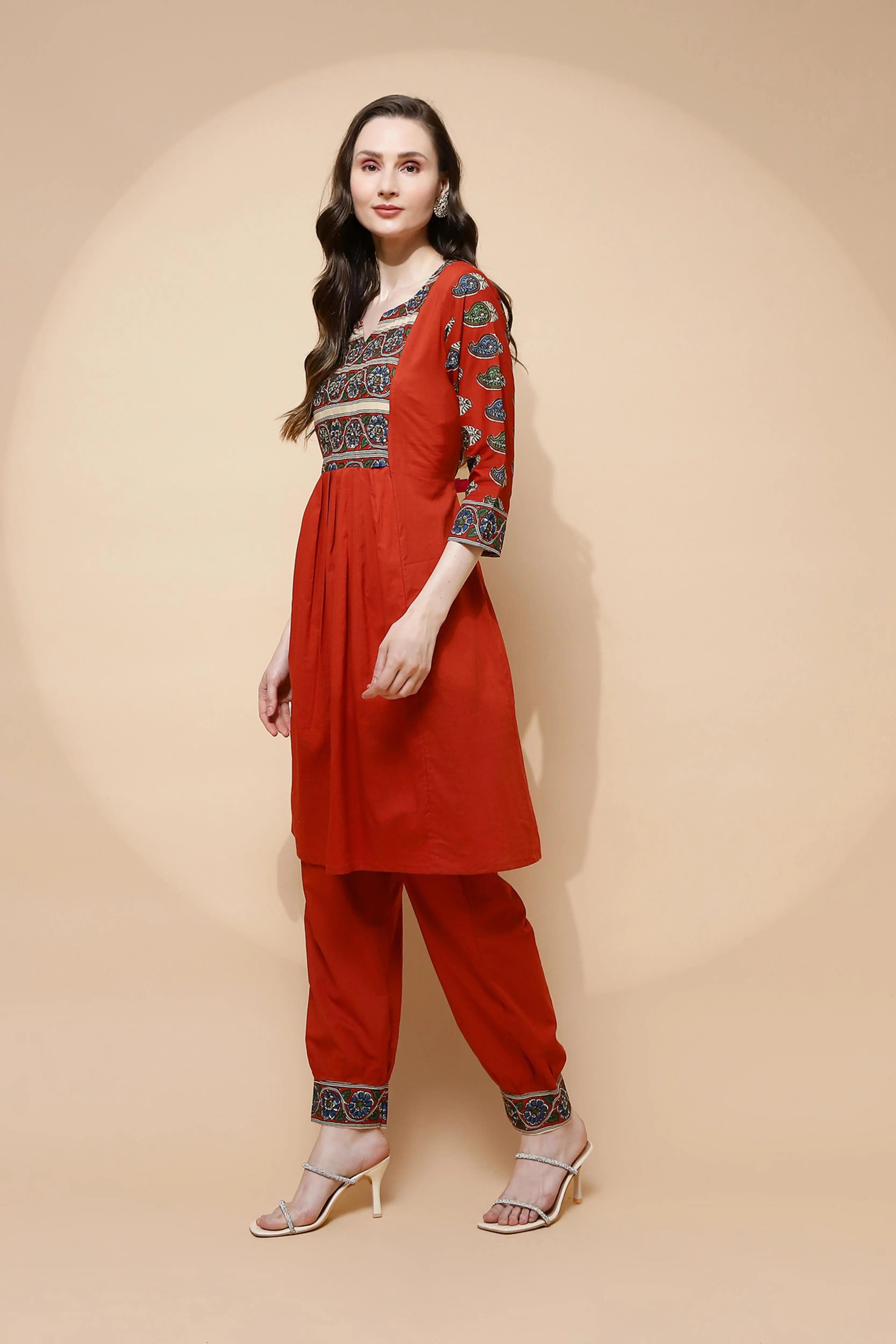 Rust Cotton Blend Loose Fit Tunic Set For Women - Global Republic