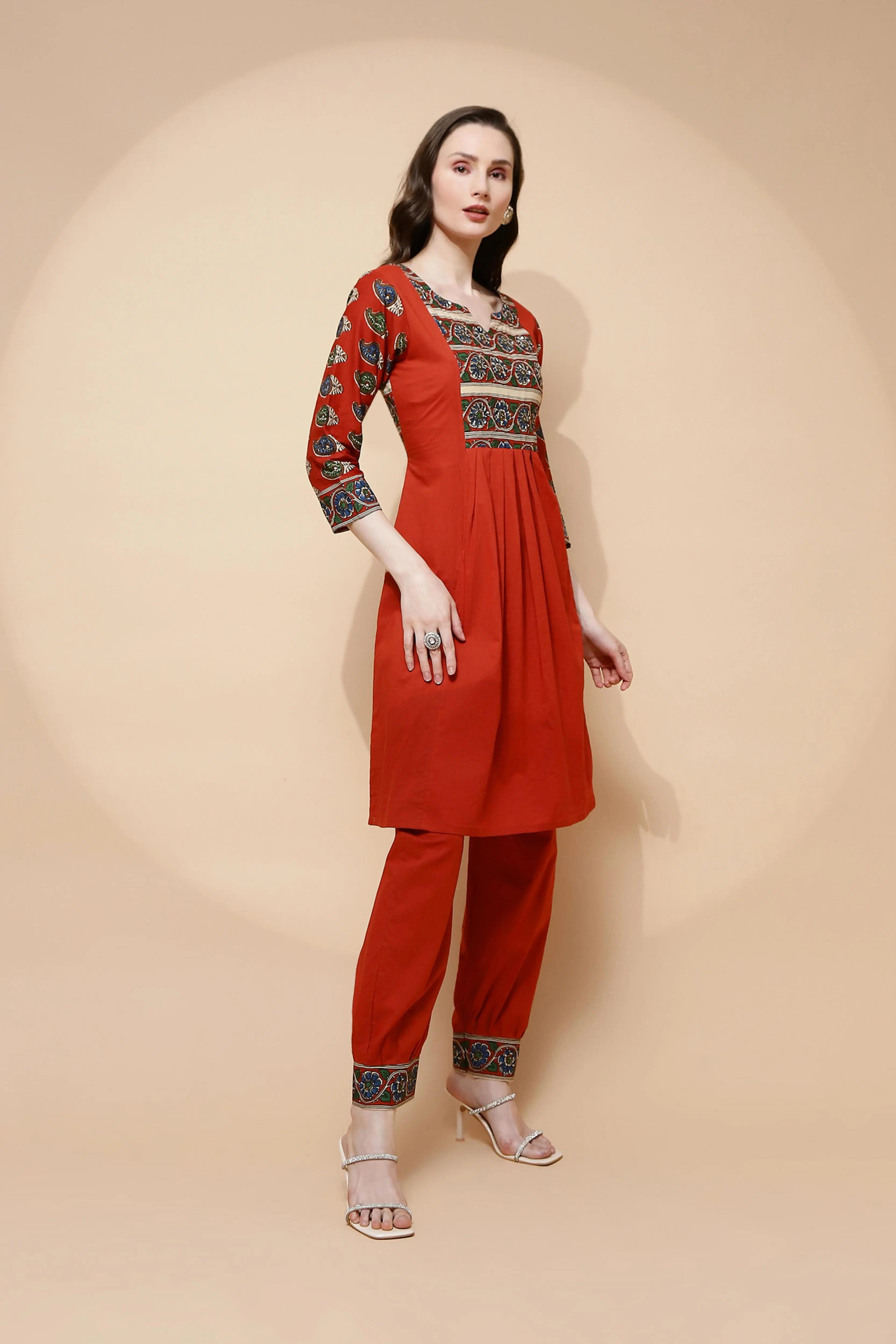 Rust Cotton Blend Loose Fit Tunic Set For Women - Global Republic