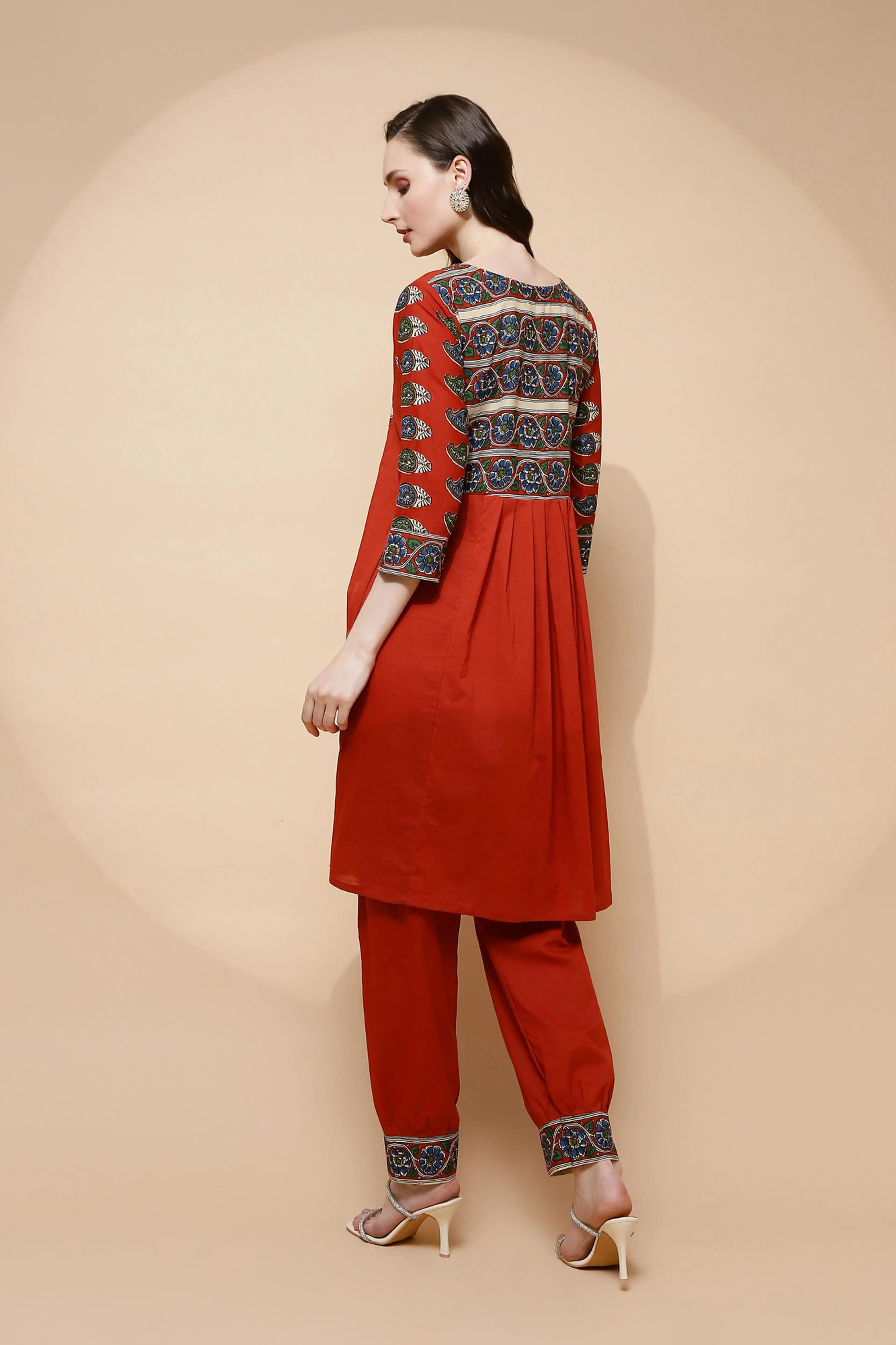 Rust Cotton Blend Loose Fit Tunic Set For Women - Global Republic