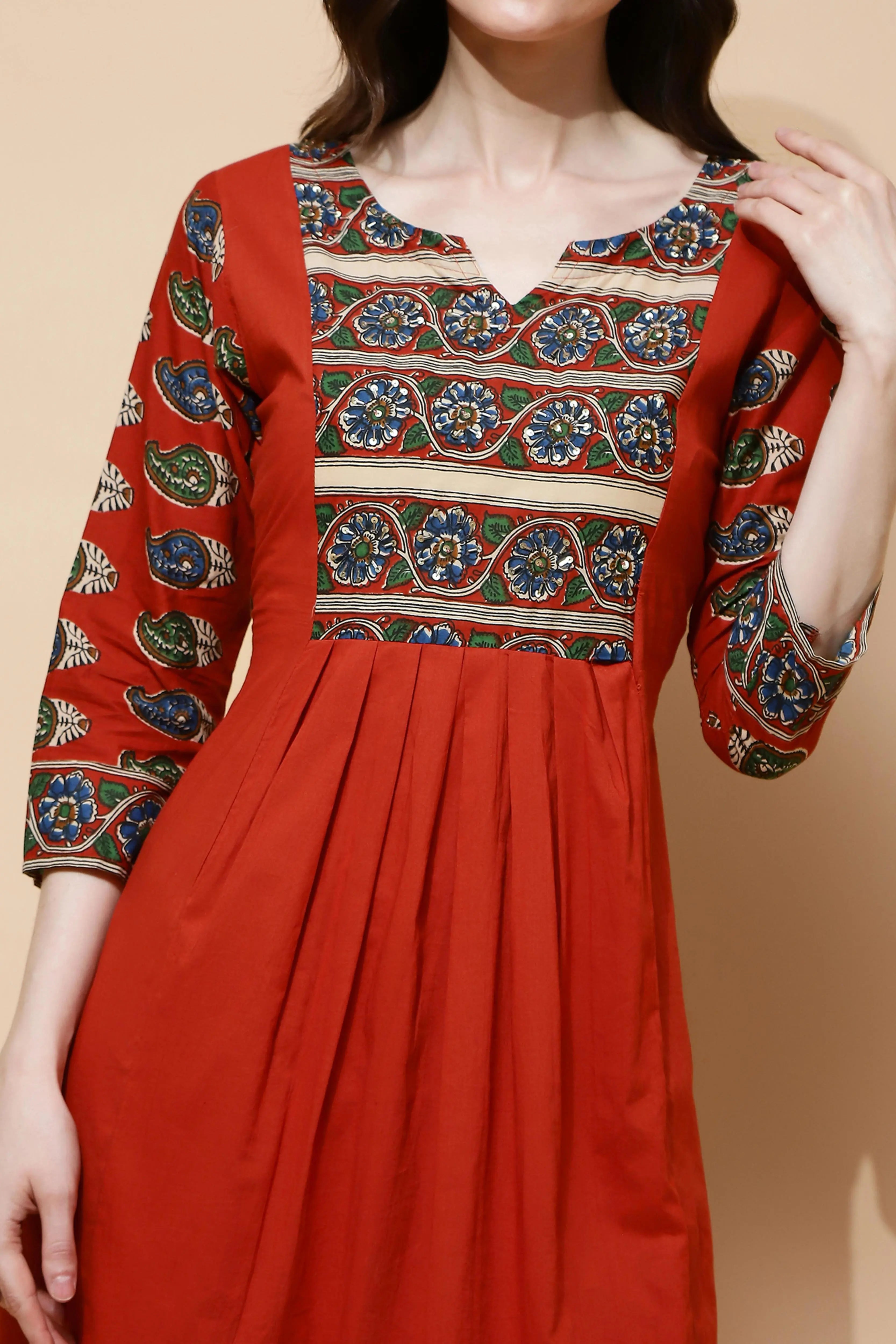 Rust Cotton Blend Loose Fit Tunic Set For Women - Global Republic