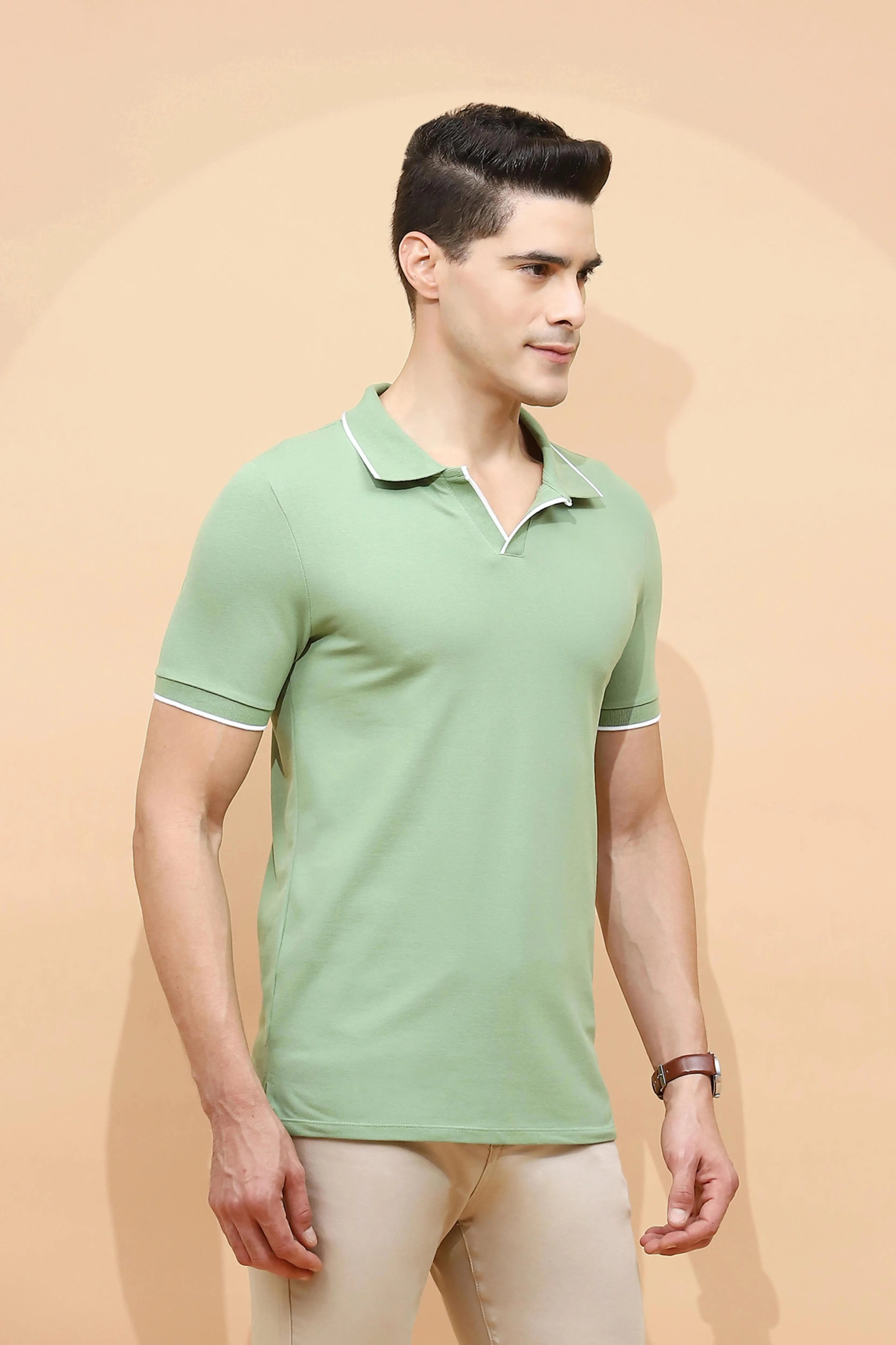 Sage Green Cotton Blend Regular Fit T-Shirt For Men - Global Republic