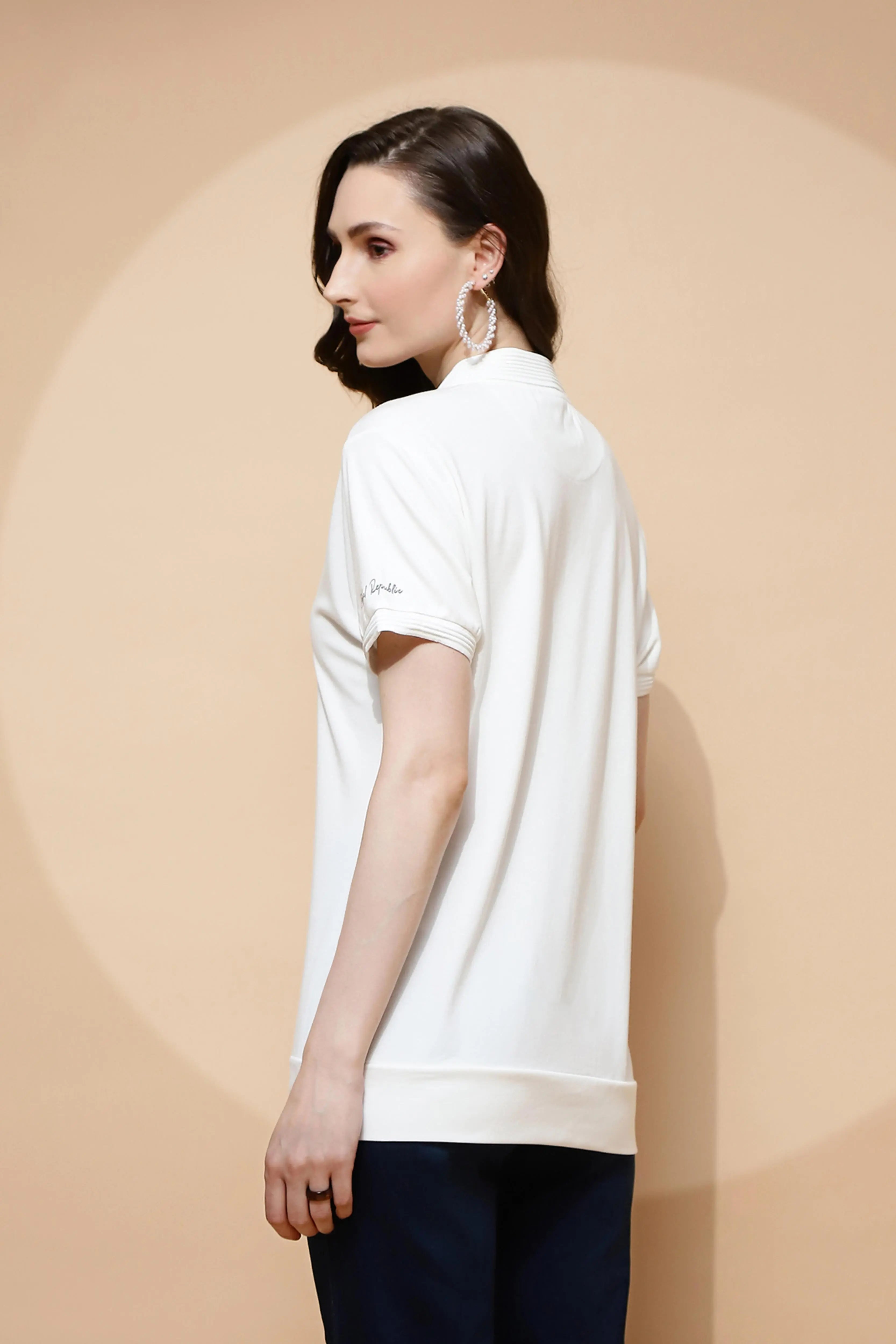 Off White Rayon Blend Regular Fit T-Shirt For Women - Global Republic