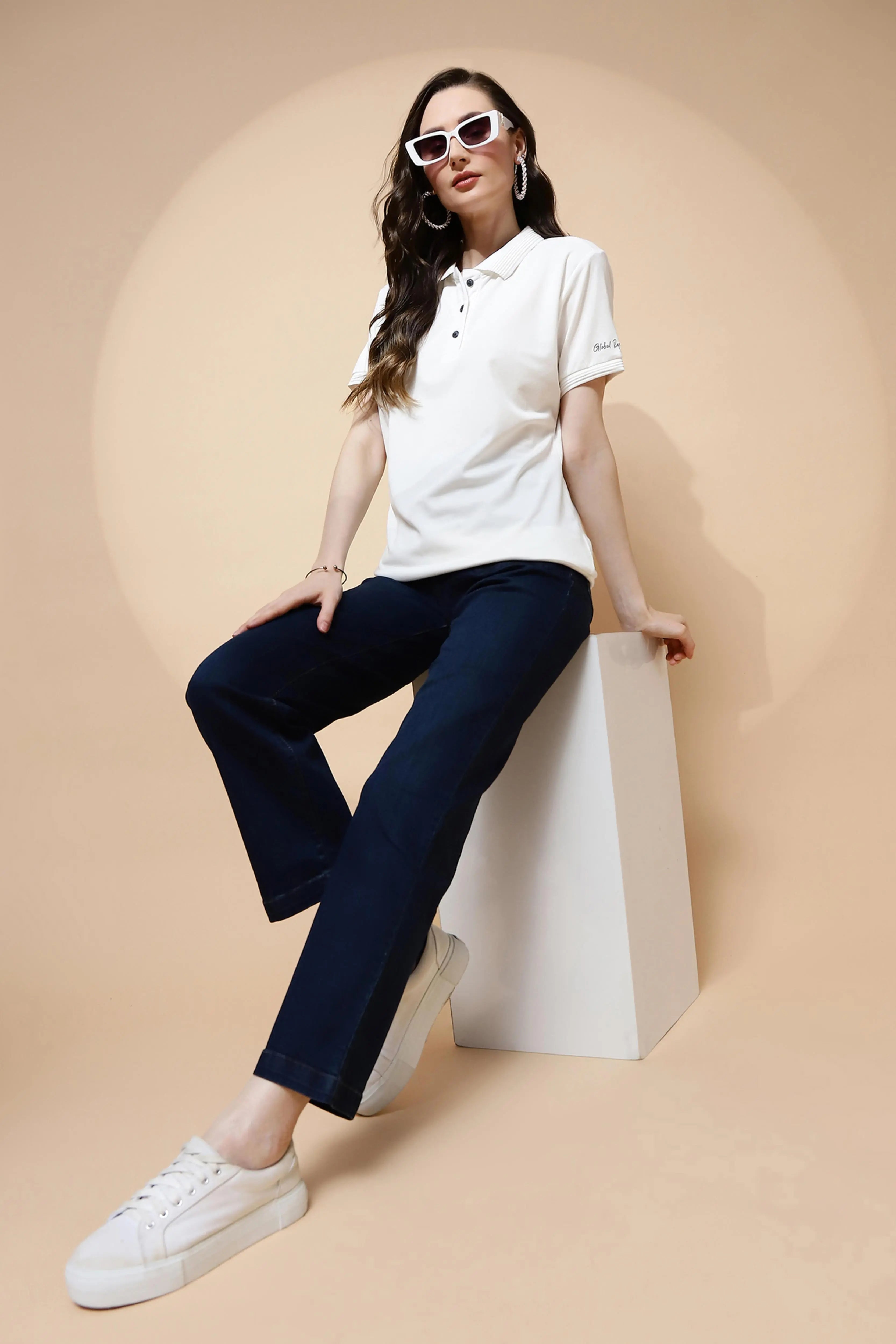 Off White Rayon Blend Regular Fit T-Shirt For Women - Global Republic