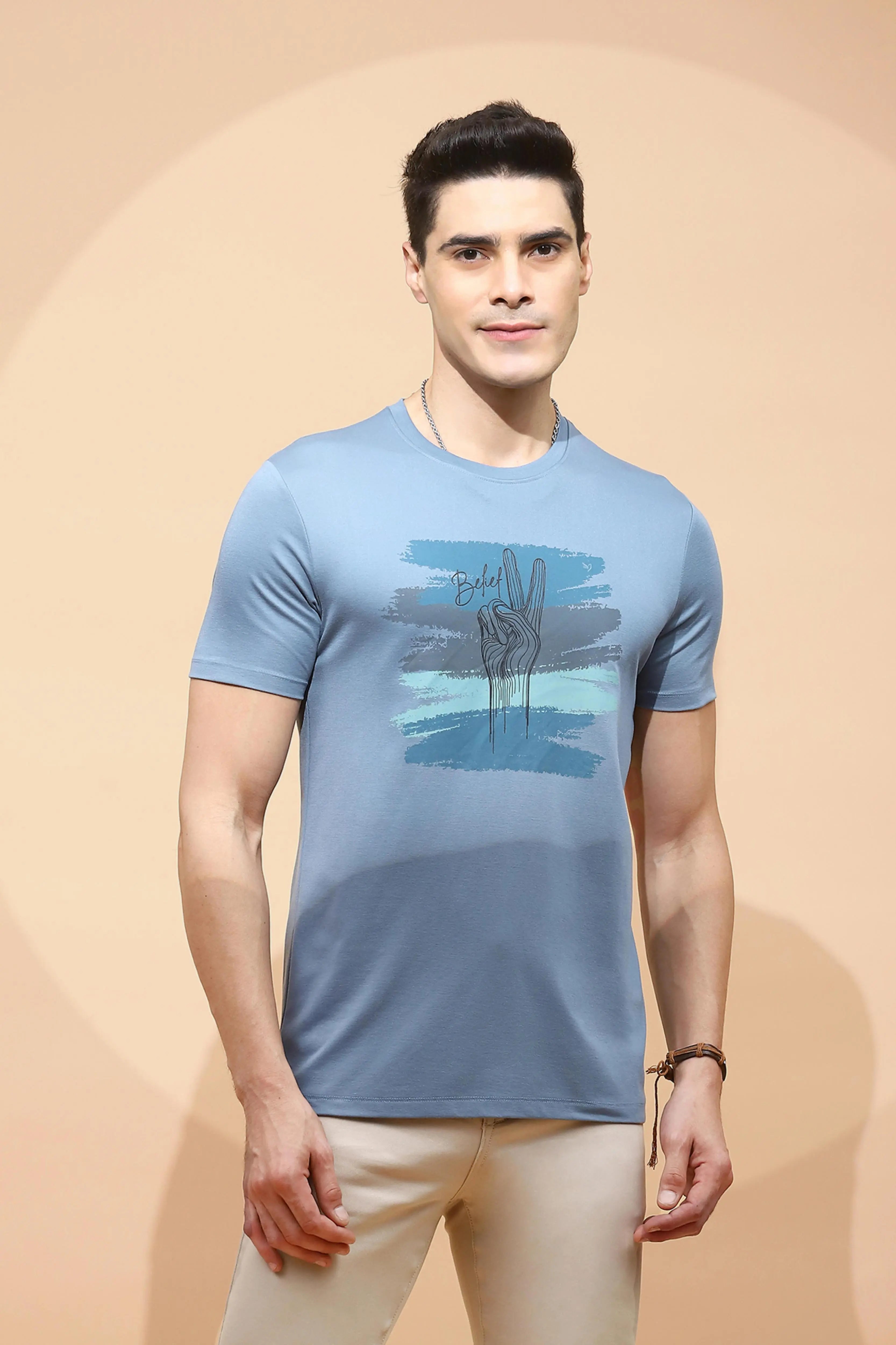 Teal Cotton Blend Regular Fit T-Shirt For Men - Global Republic
