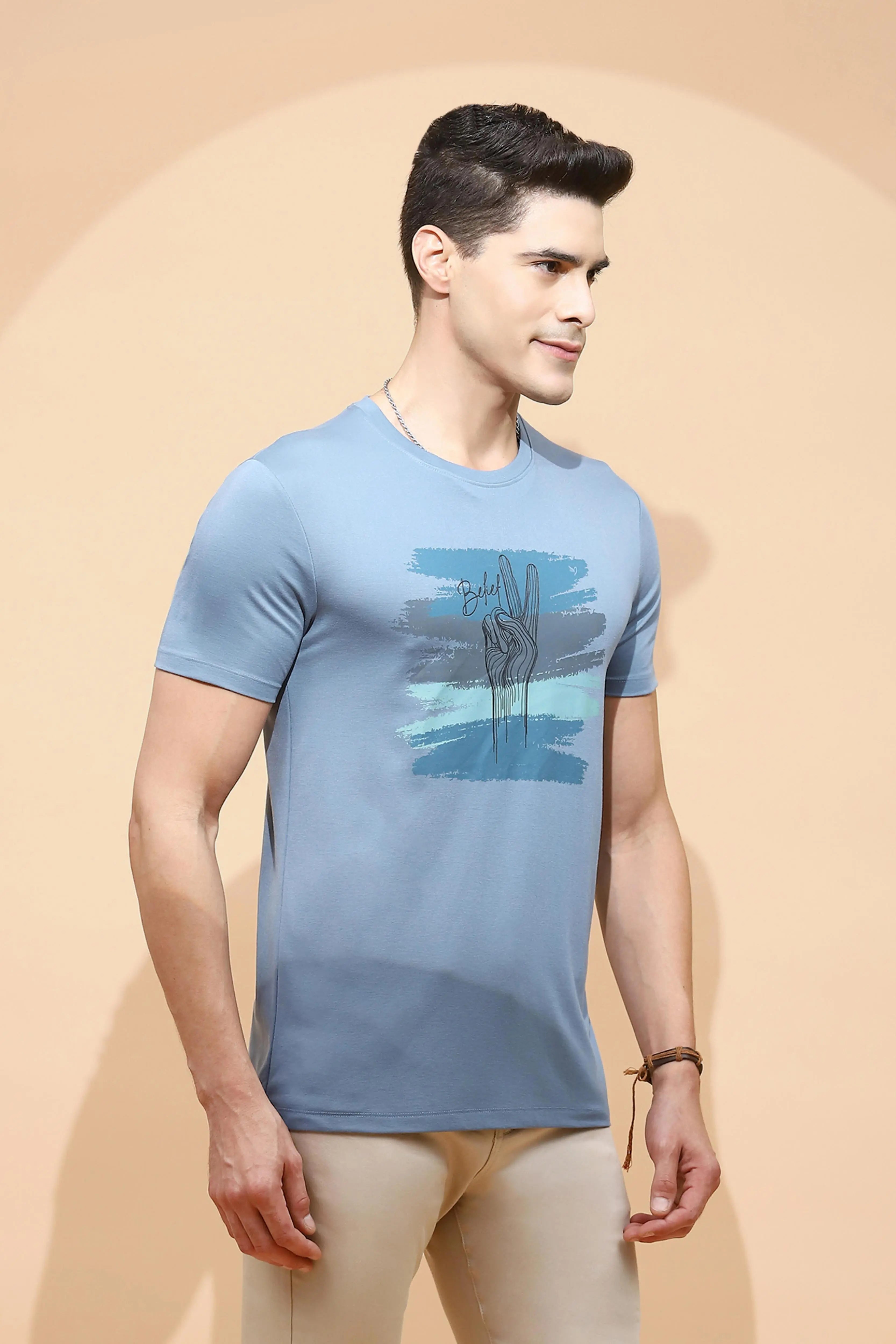 Teal Cotton Blend Regular Fit T-Shirt For Men - Global Republic