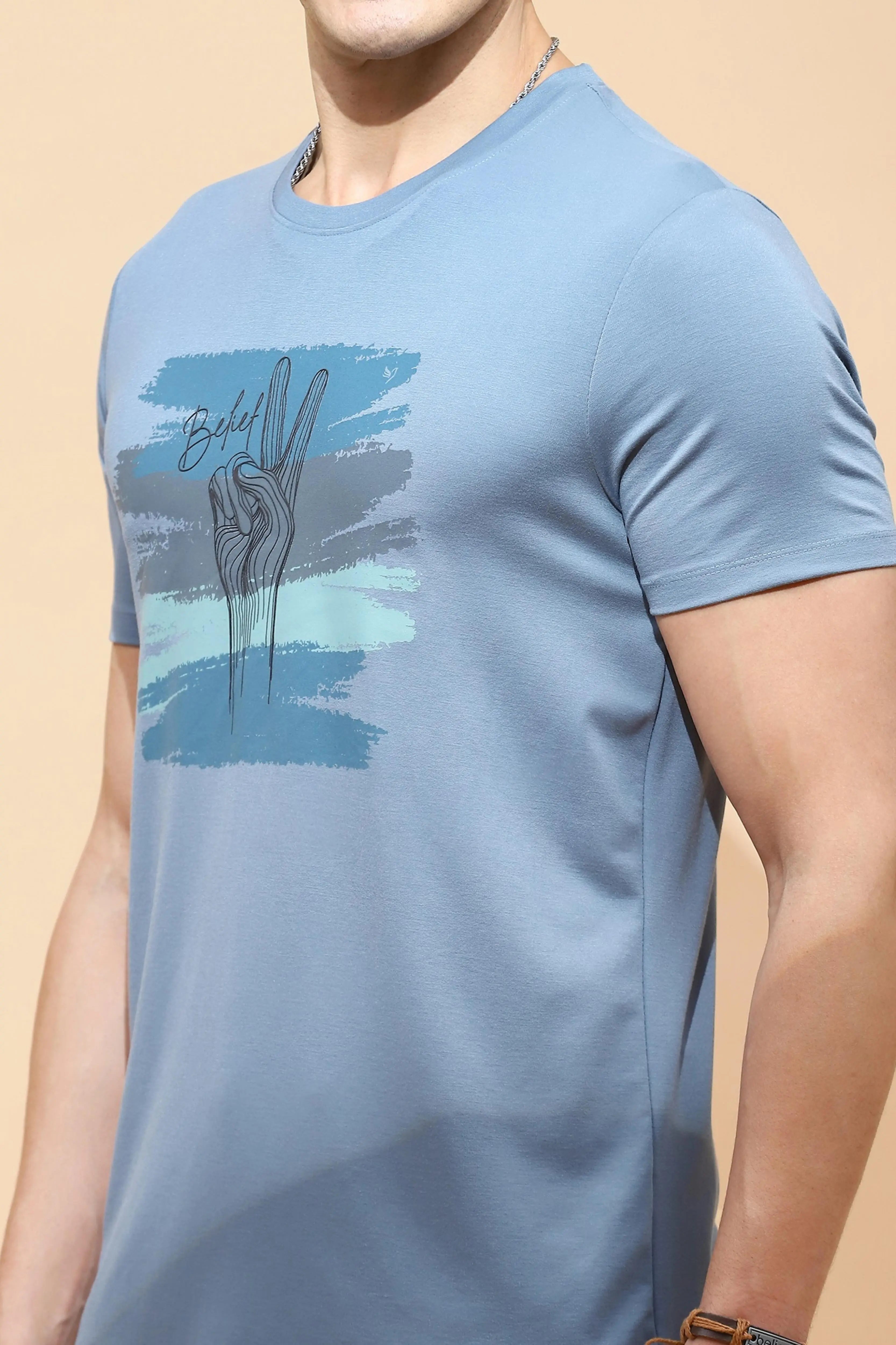 Teal Cotton Blend Regular Fit T-Shirt For Men - Global Republic