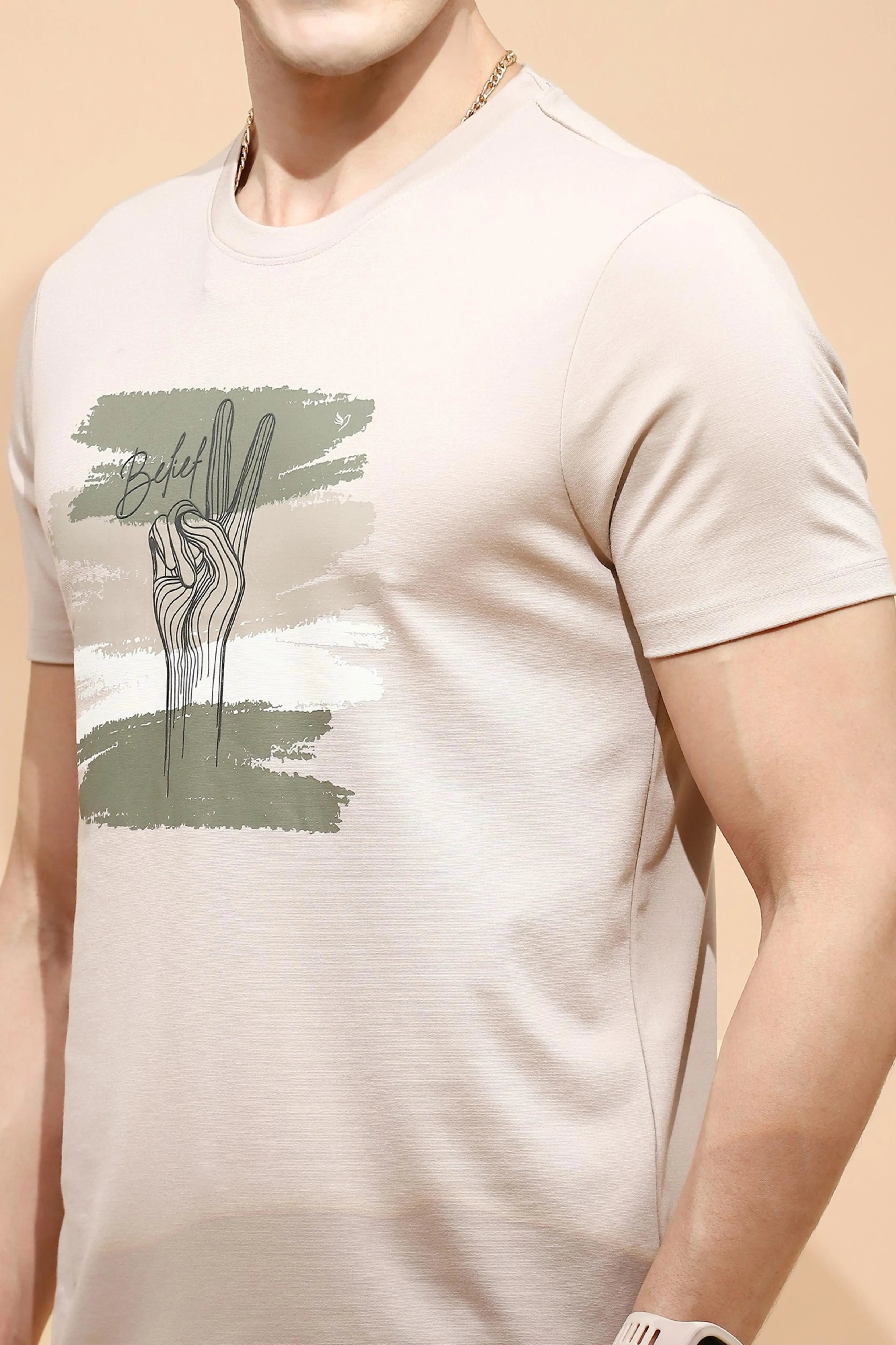 Beige Cotton Blend Regular Fit T-Shirt - Global Republic