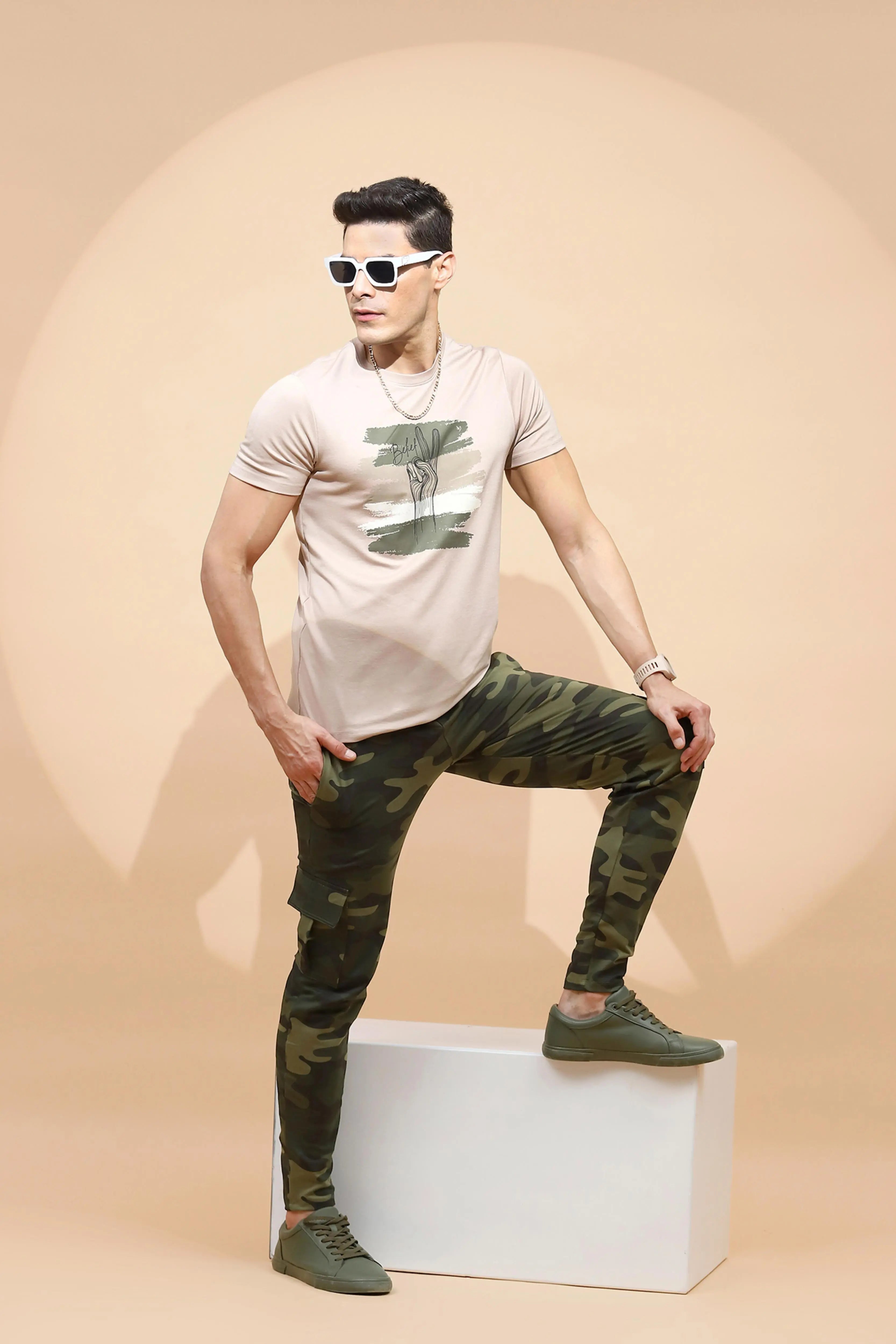 Beige Cotton Blend Regular Fit T-Shirt