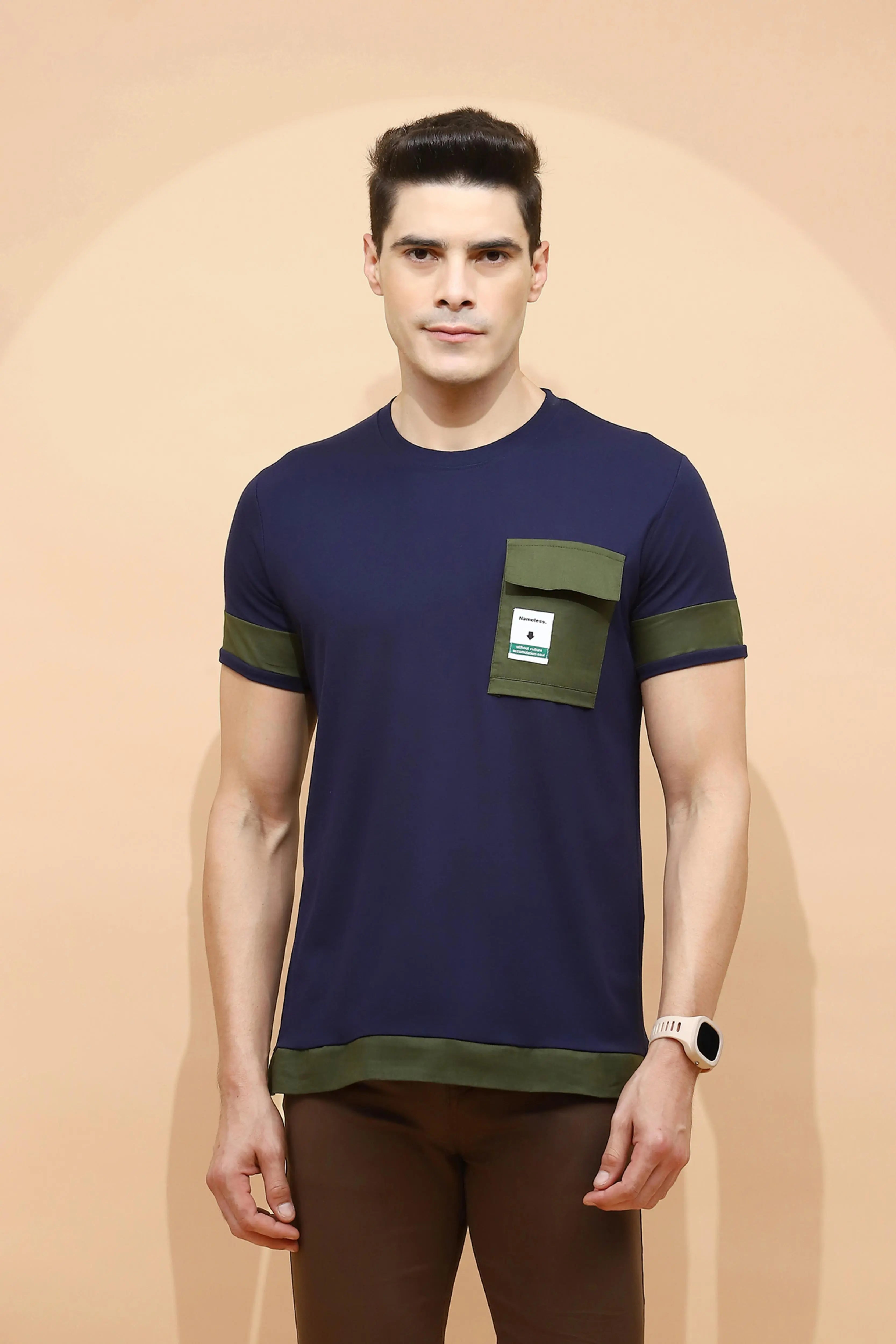 Navy Cotton Blend Regular Fit T-Shirt For Men - Global Republic