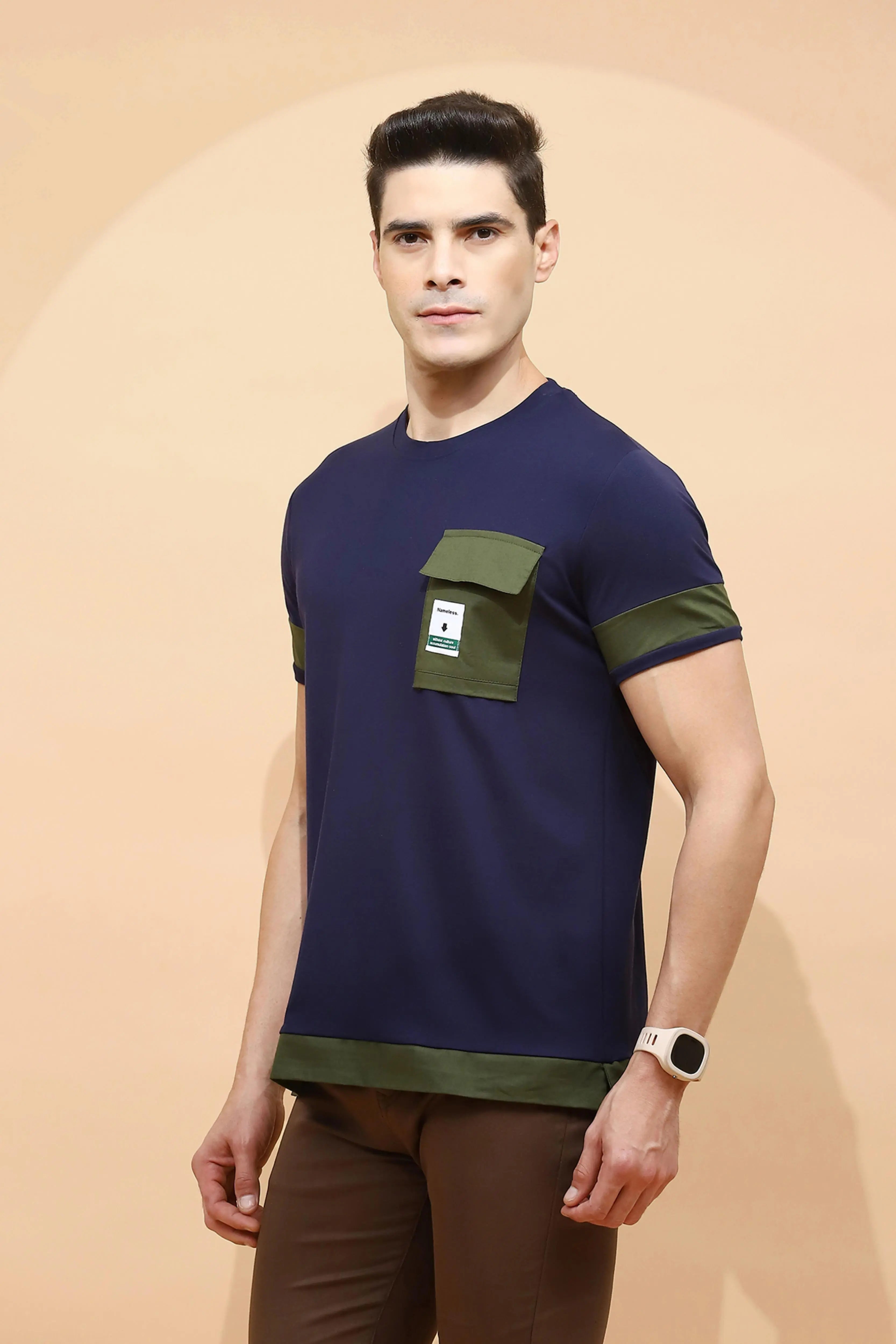 Navy Cotton Blend Regular Fit T-Shirt For Men - Global Republic