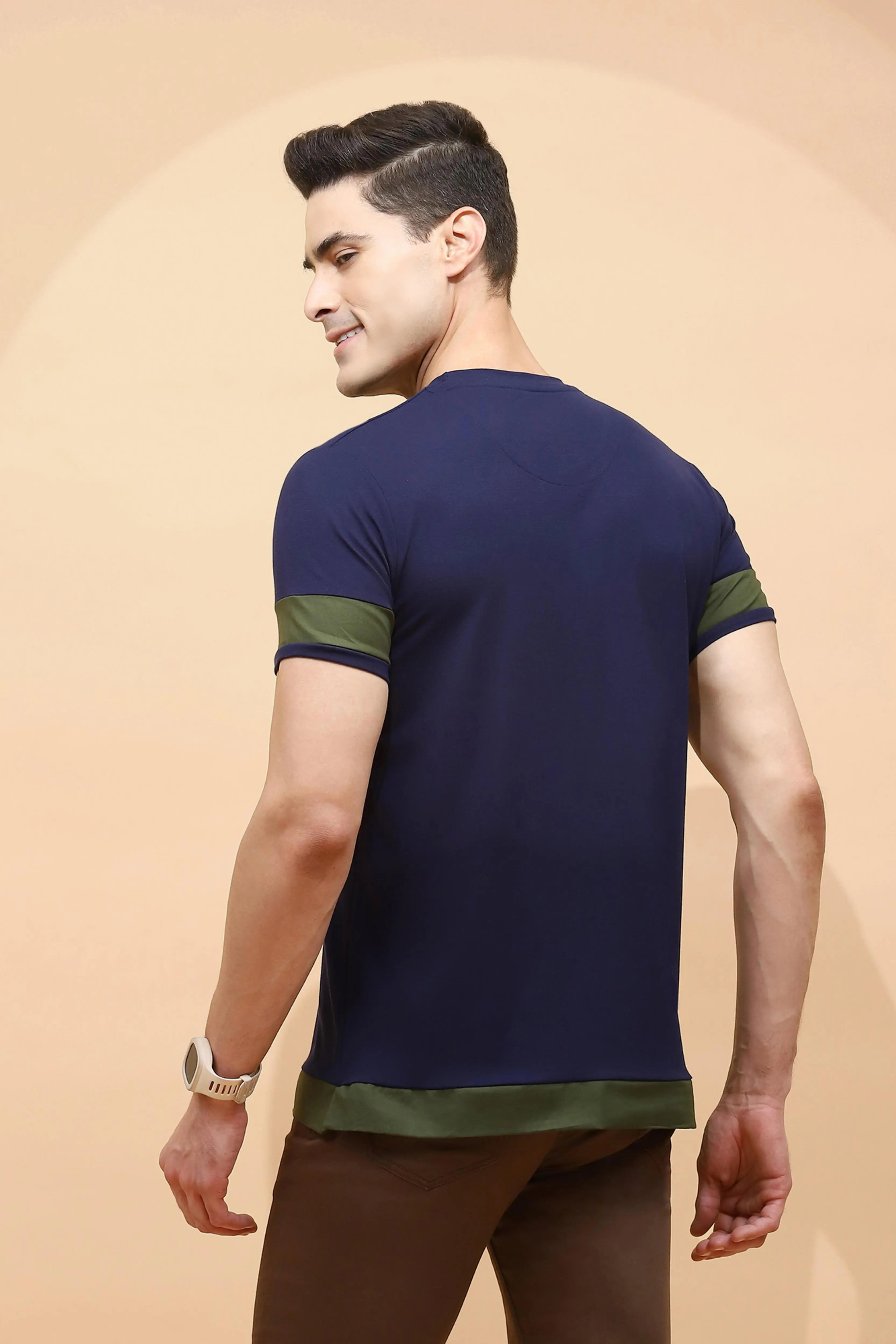 Navy Cotton Blend Regular Fit T-Shirt For Men - Global Republic