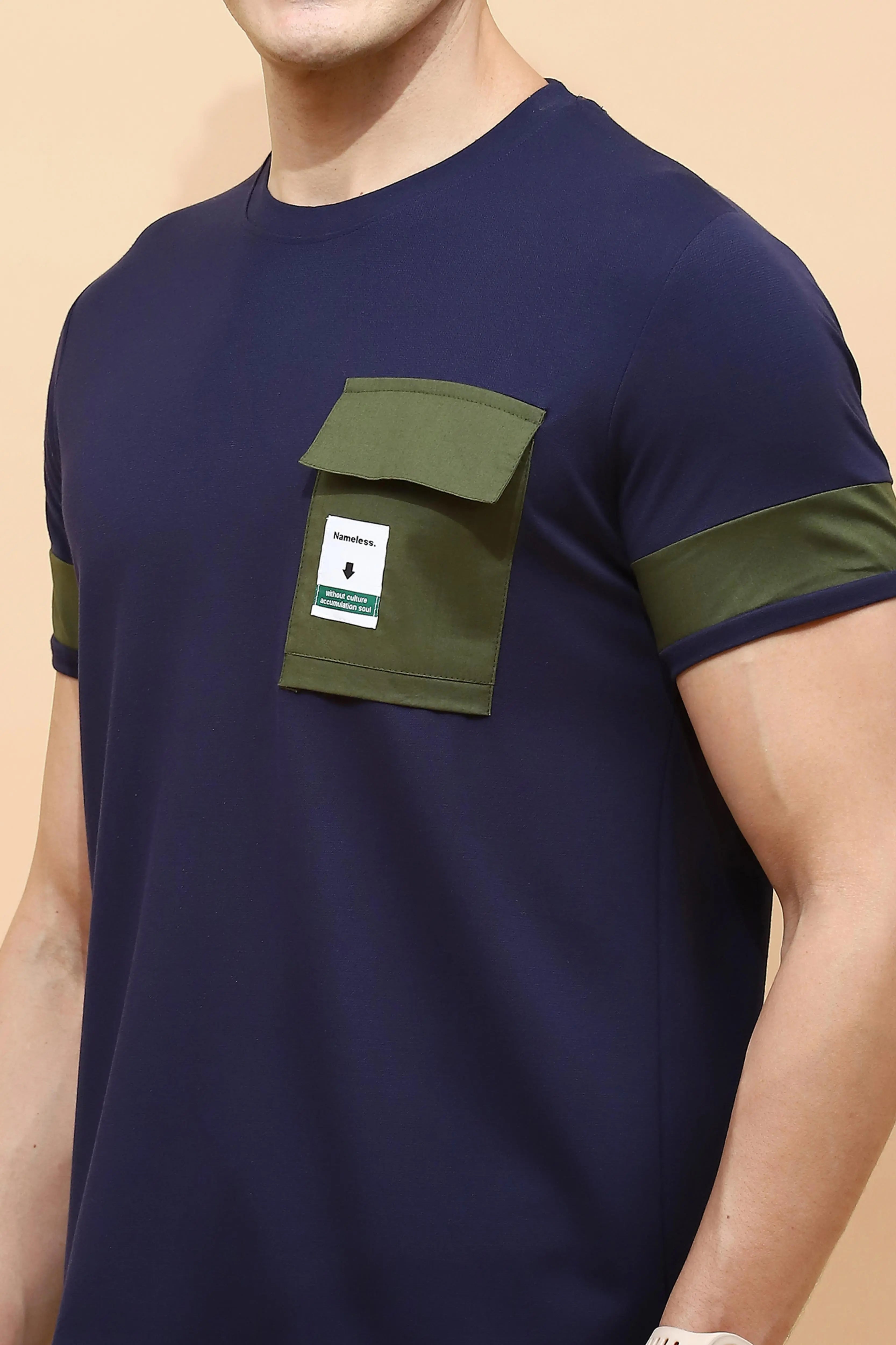 Navy Cotton Blend Regular Fit T-Shirt For Men - Global Republic