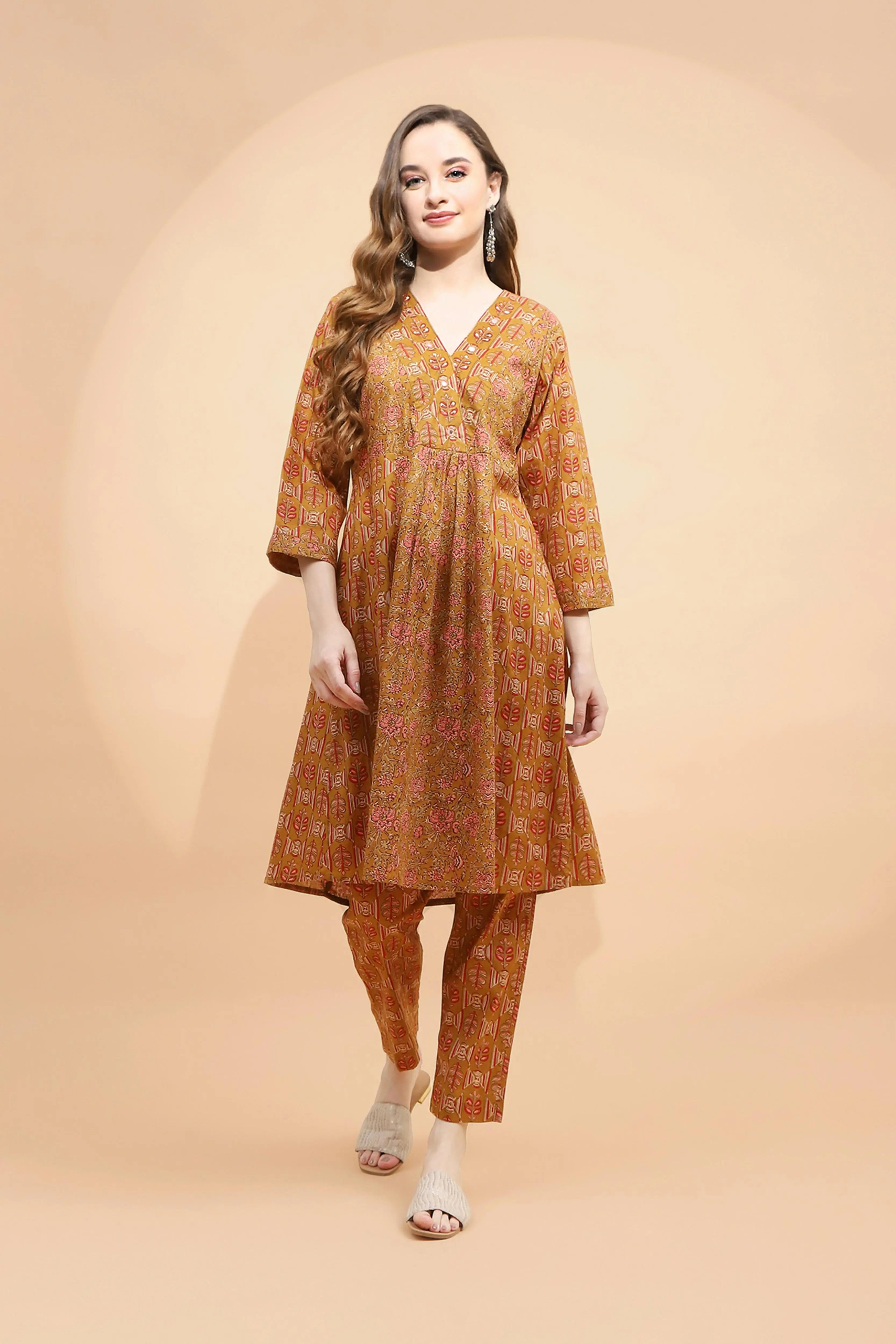 Light Brown Printed Cotton Tunic Set - Global Republic