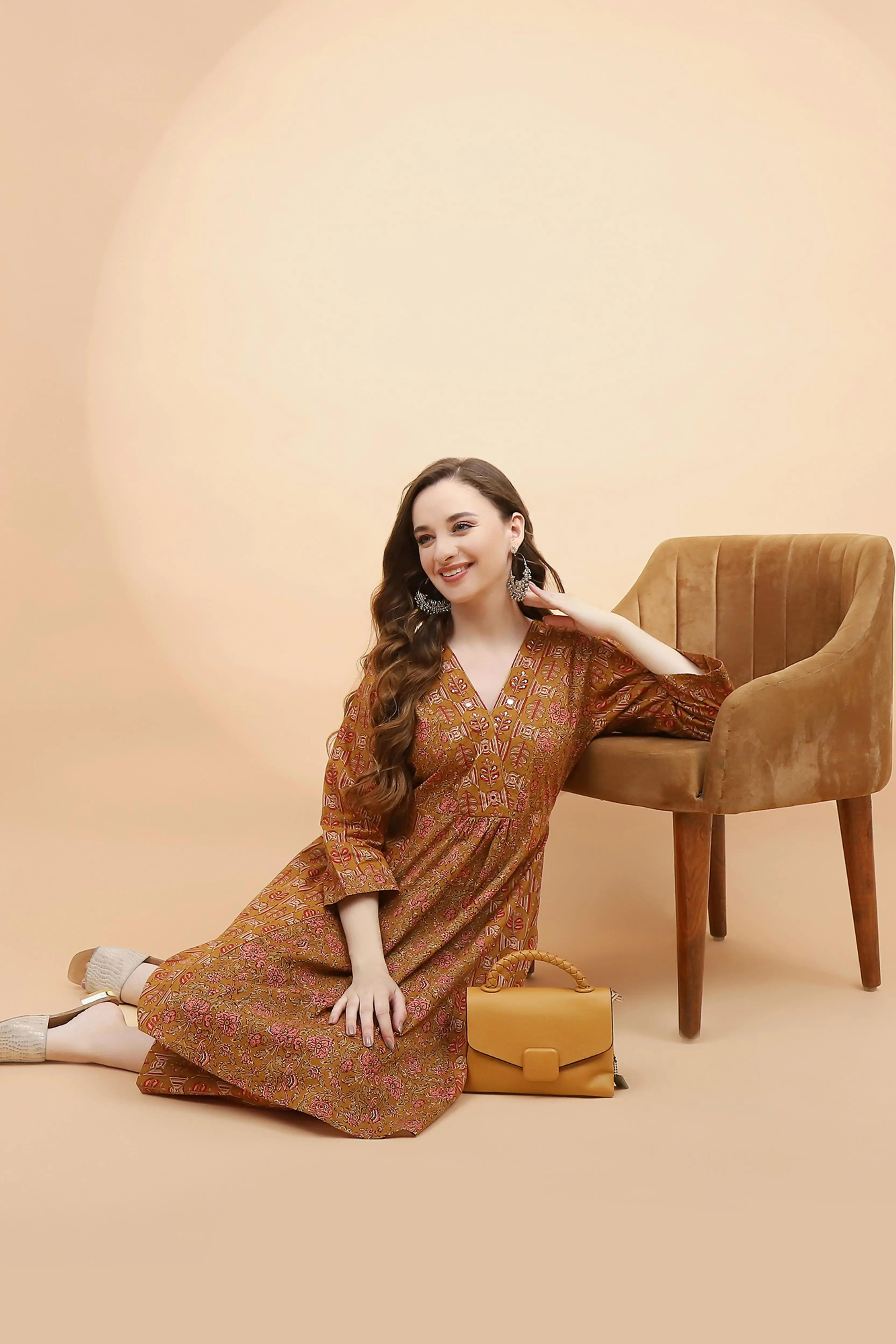 Light Brown Printed Cotton Tunic Set - Global Republic