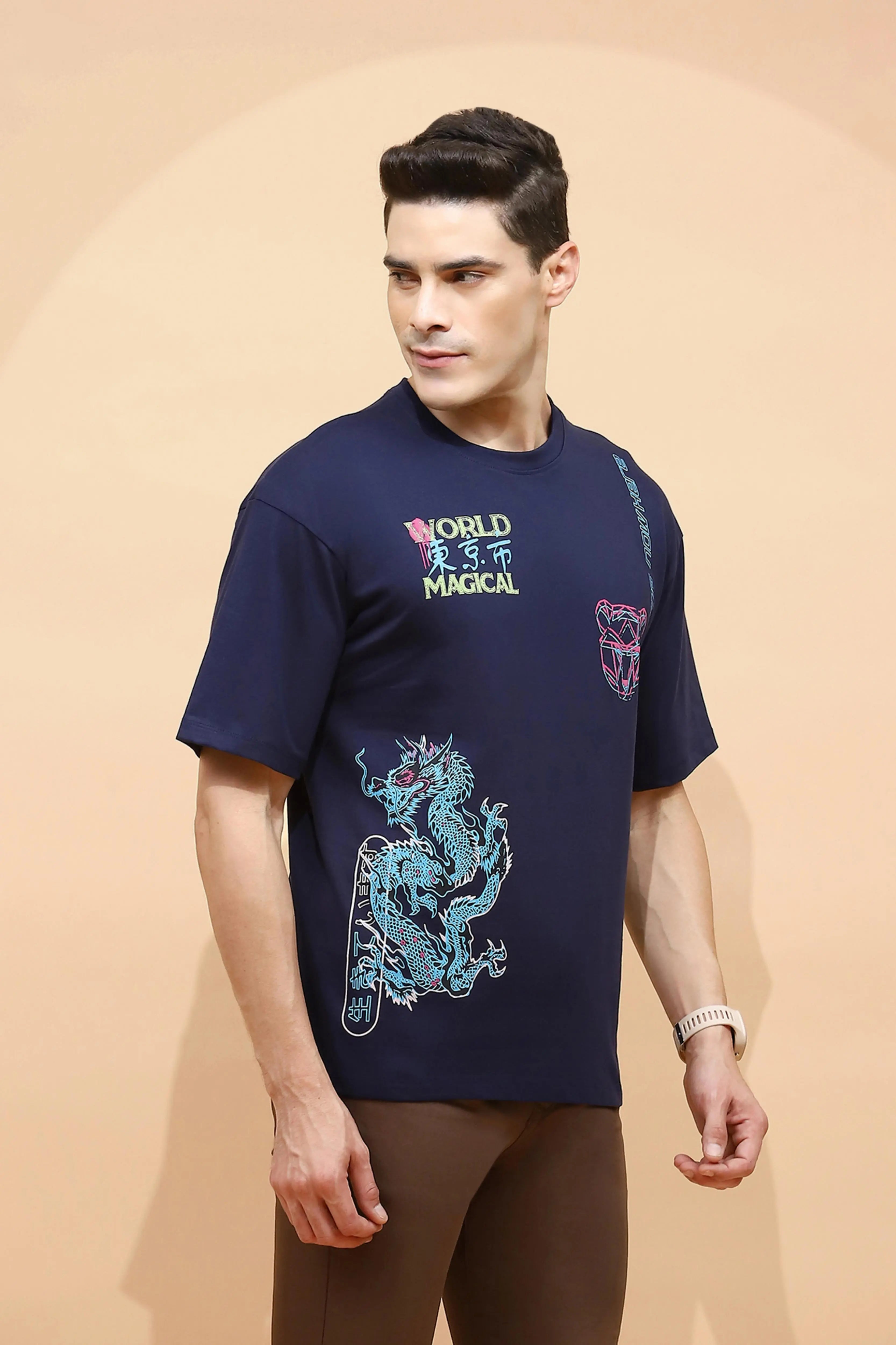 Navy Cotton Regular Fit T-Shirt For Men - Global Republic