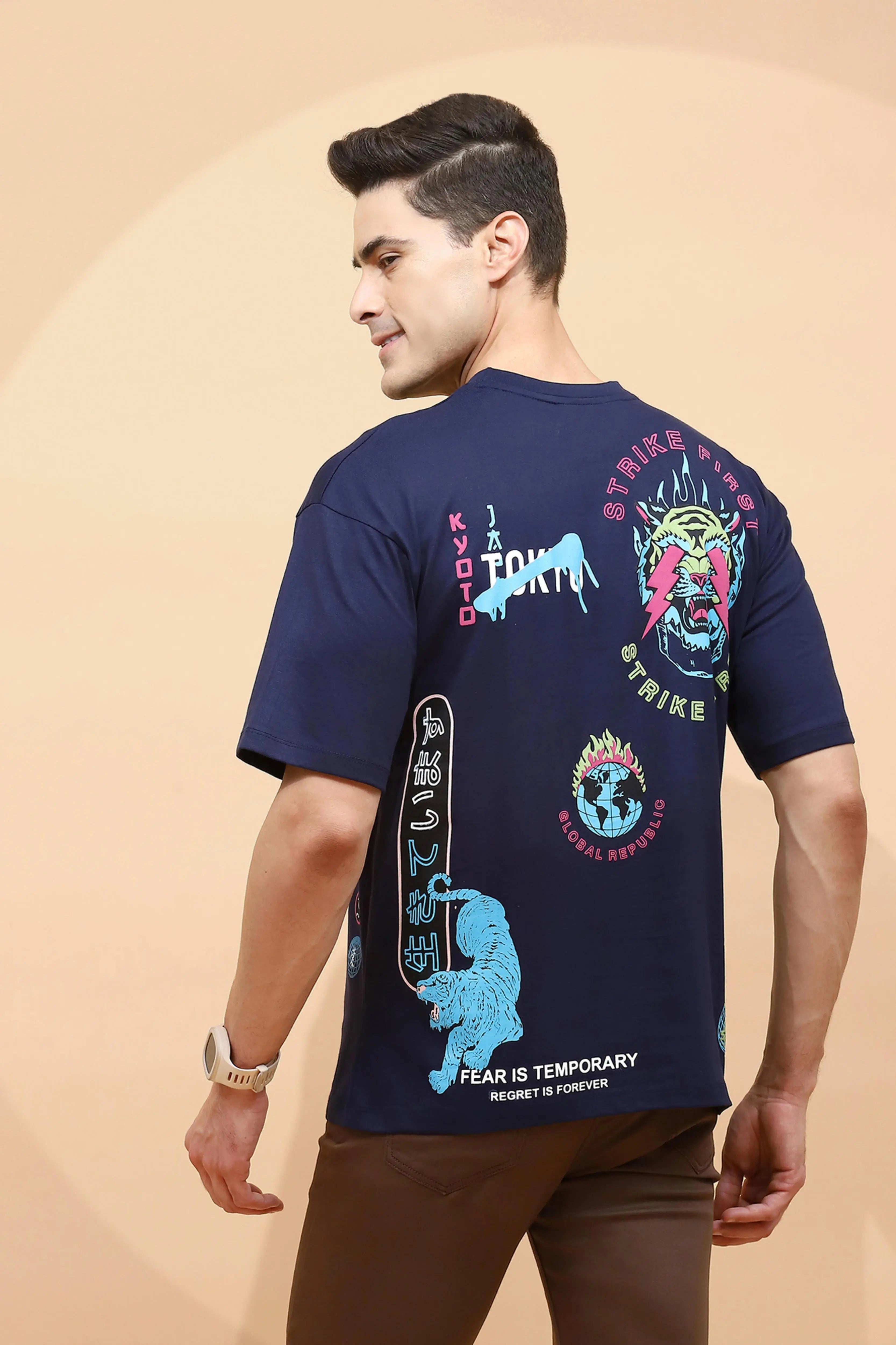 Navy Cotton Regular Fit T-Shirt For Men - Global Republic