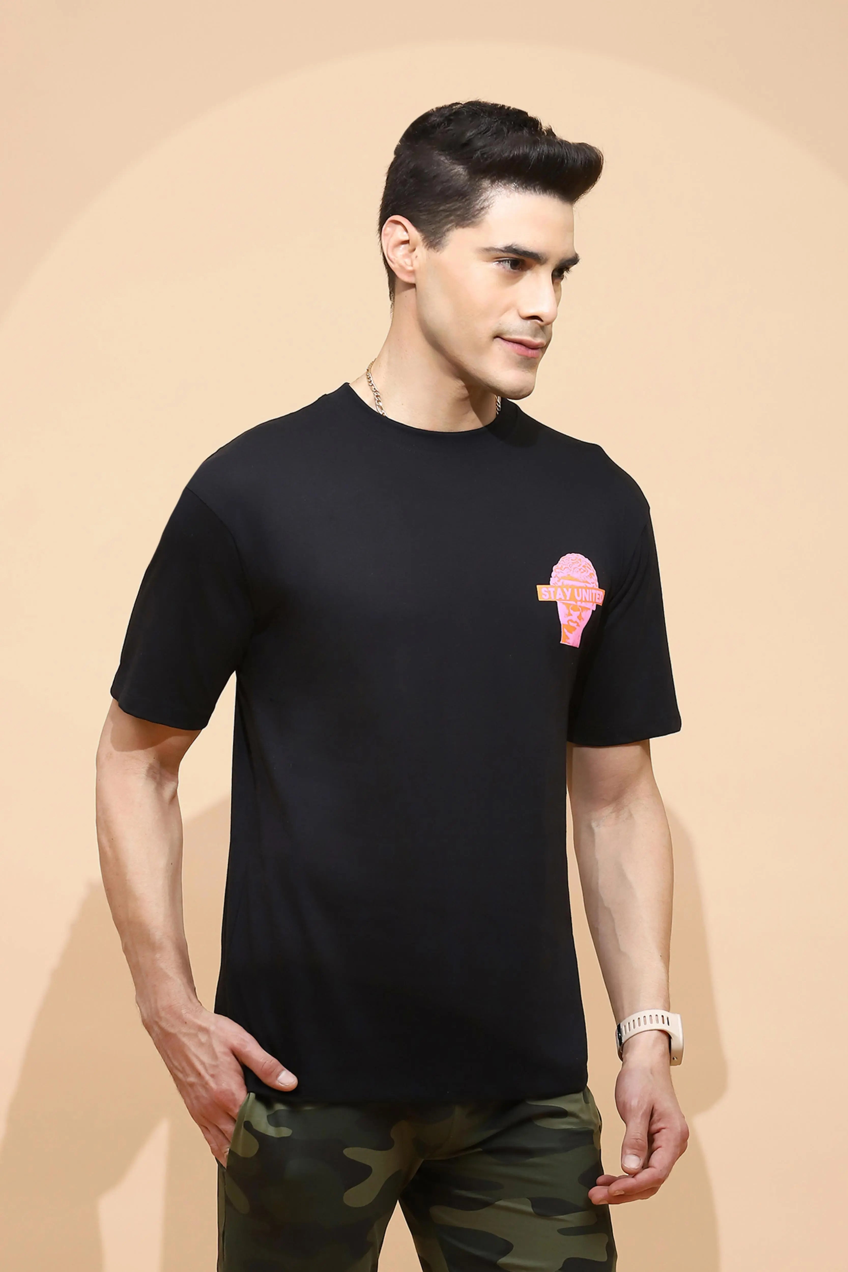 Black Back Print Cotton T-Shirt - Global Republic