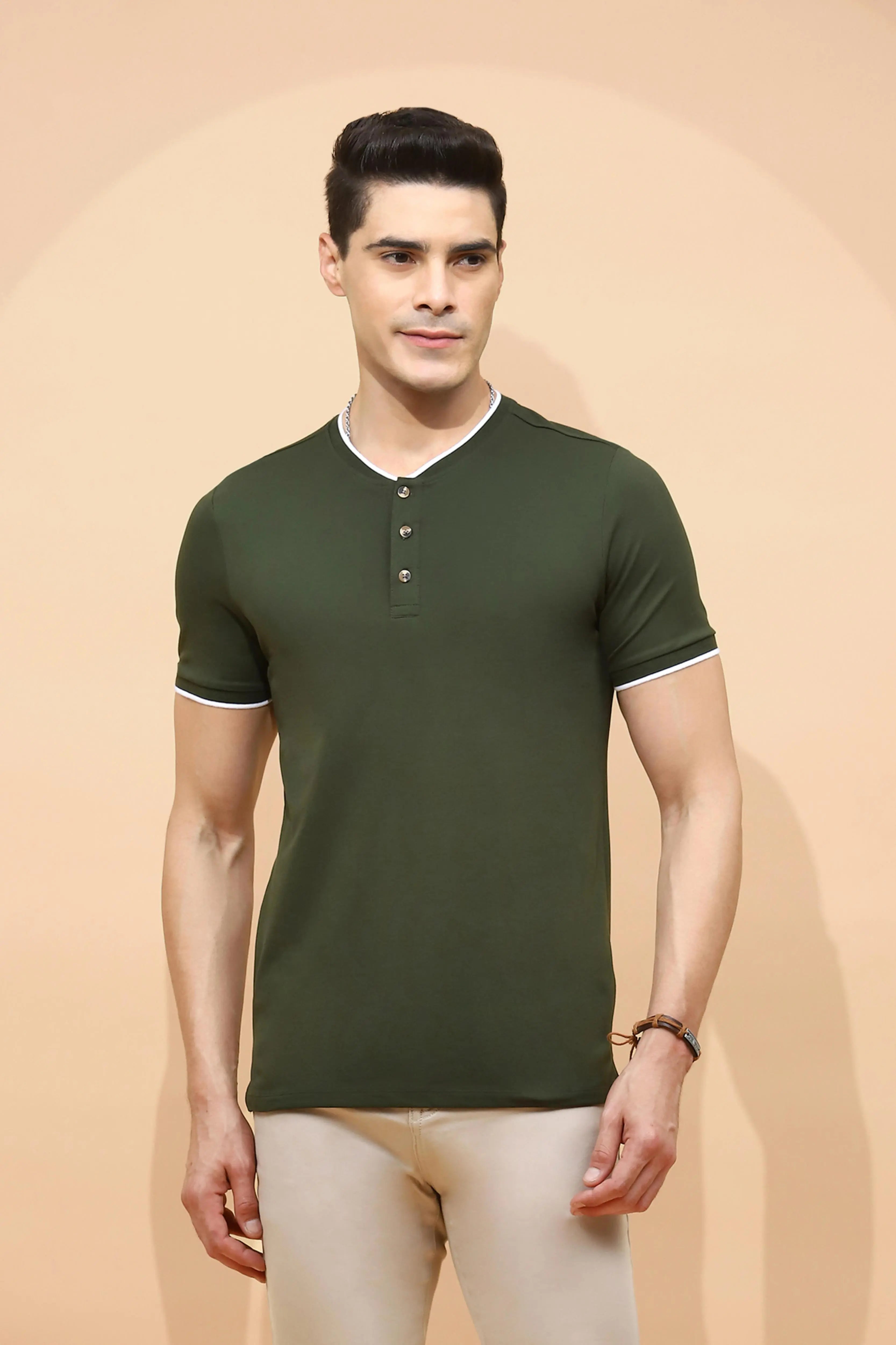Dark Olive Cotton Blend Regular Fit T-Shirt For Men - Global Republic