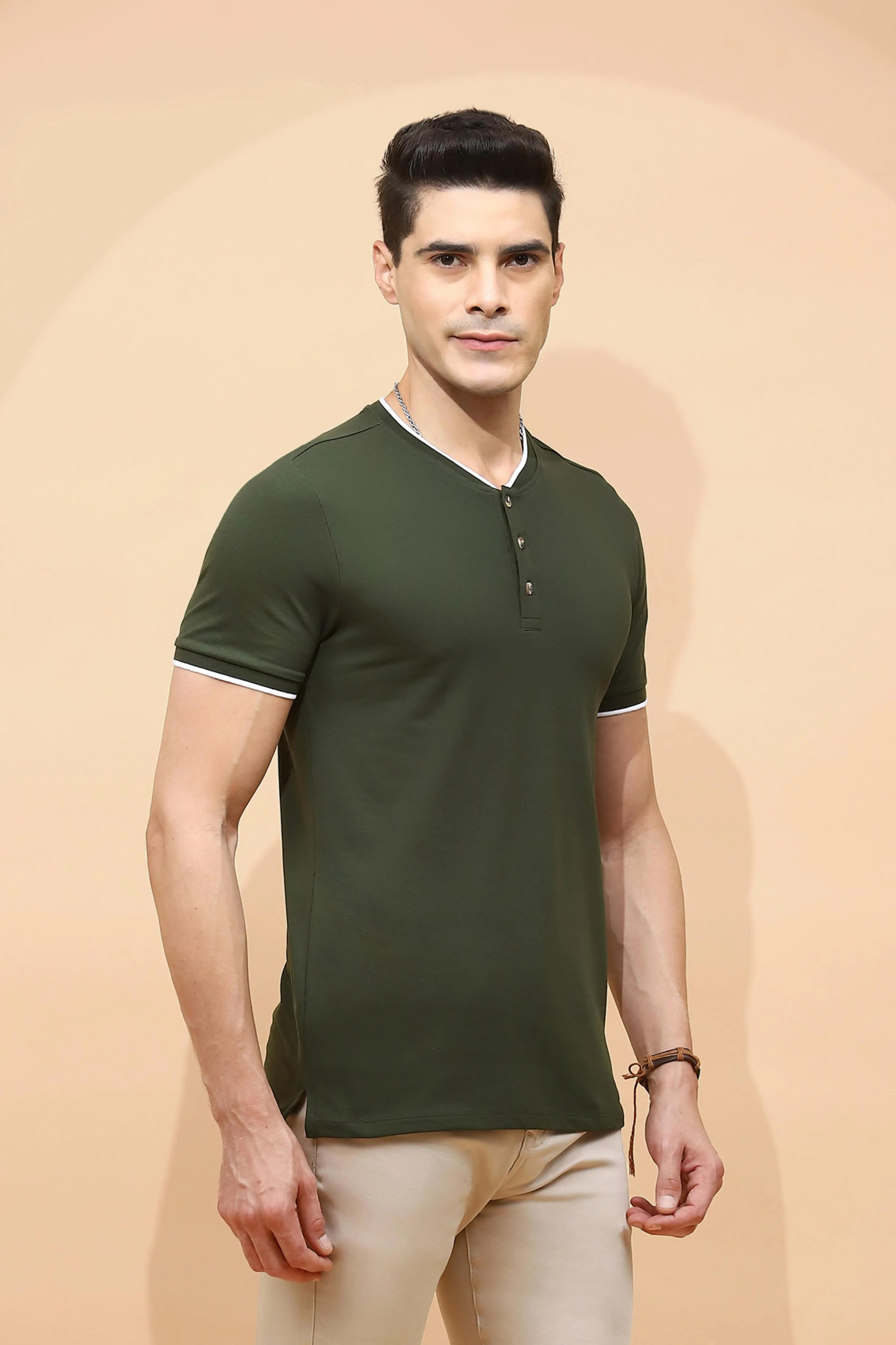 Dark Olive Cotton Blend Regular Fit T-Shirt For Men - Global Republic