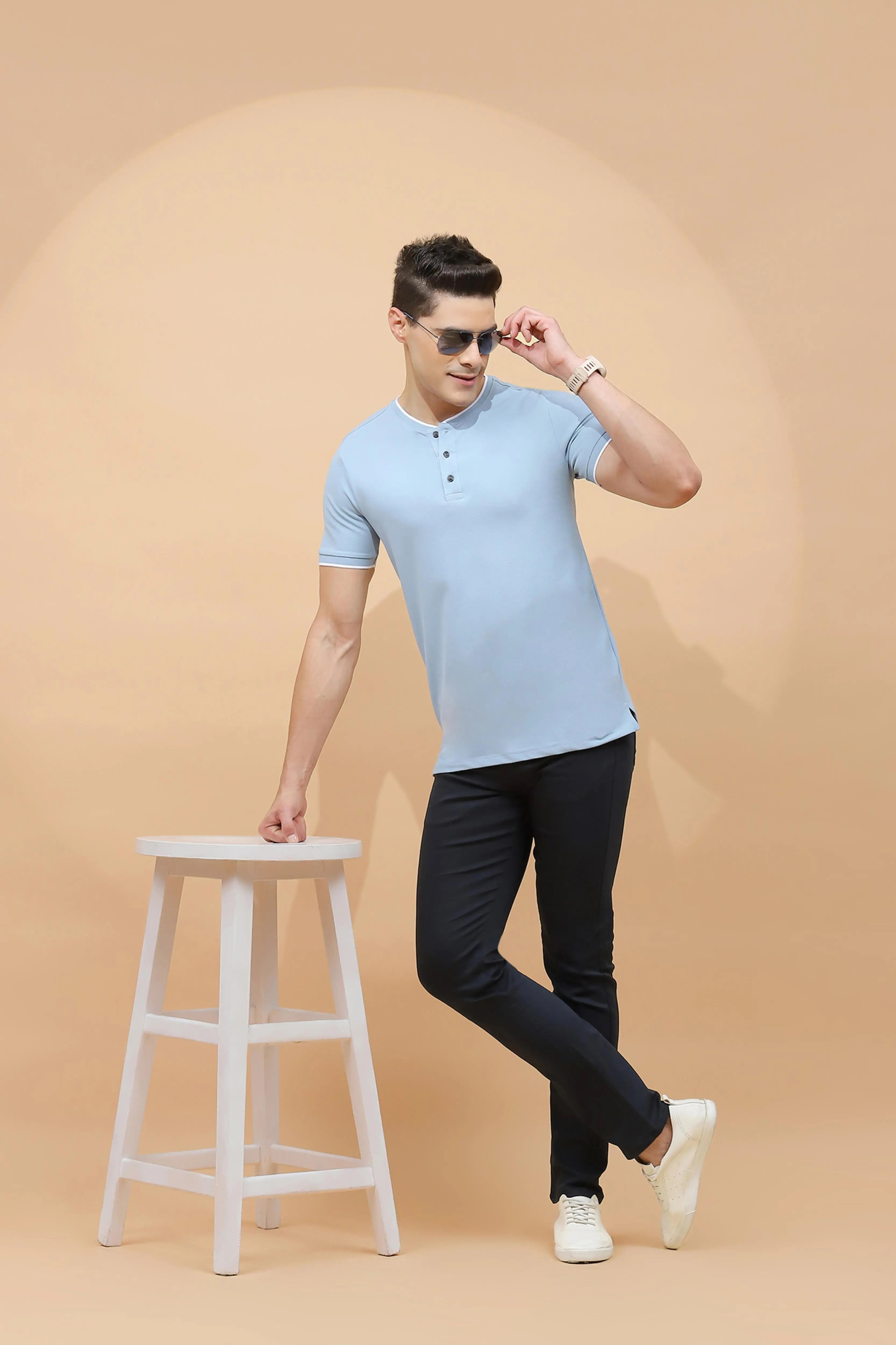 Blue Regular Fit Cotton Blend T-Shirt - Global Republic