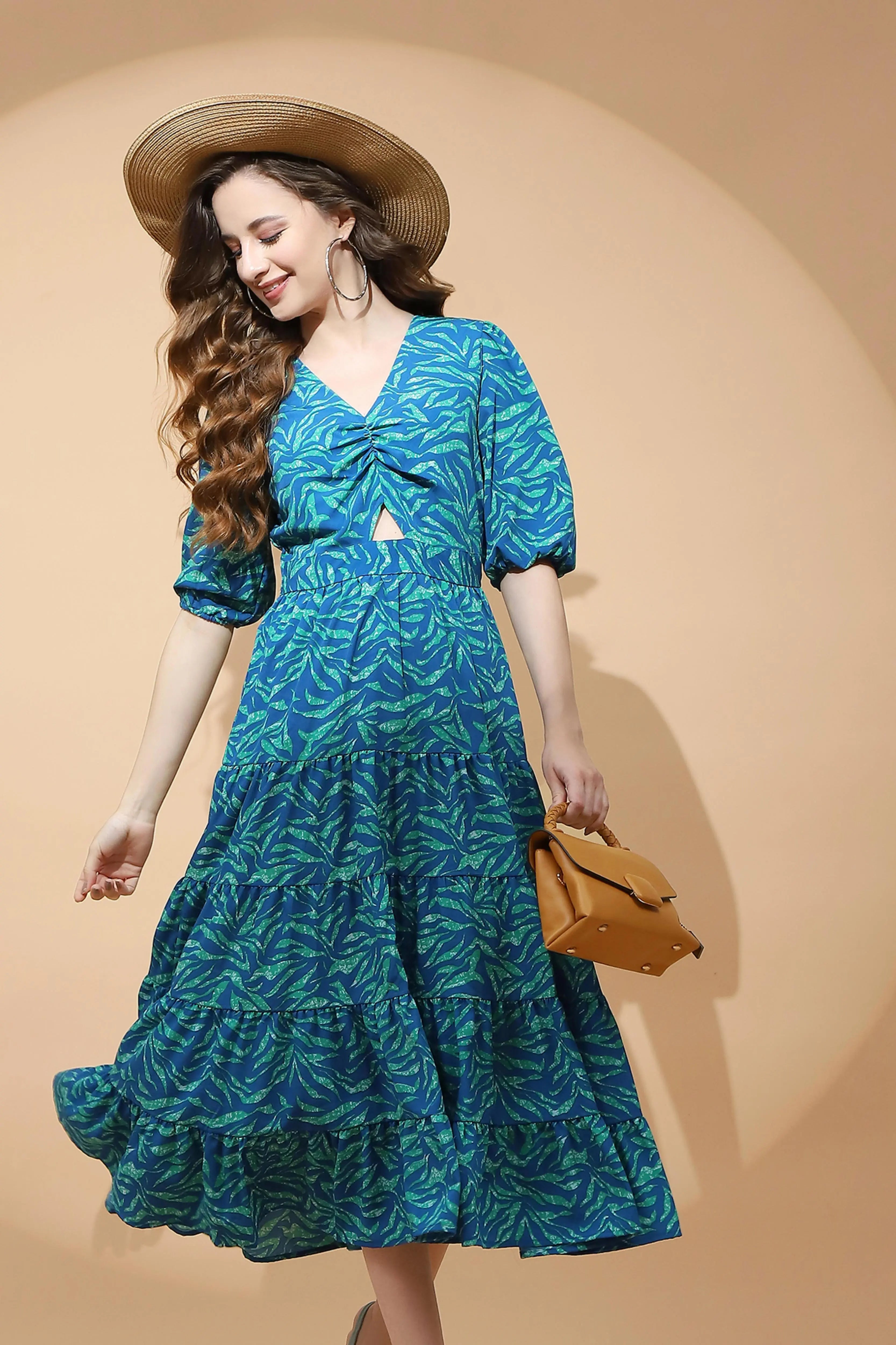 Blue & Green Fit & Flare Dress - Global Republic